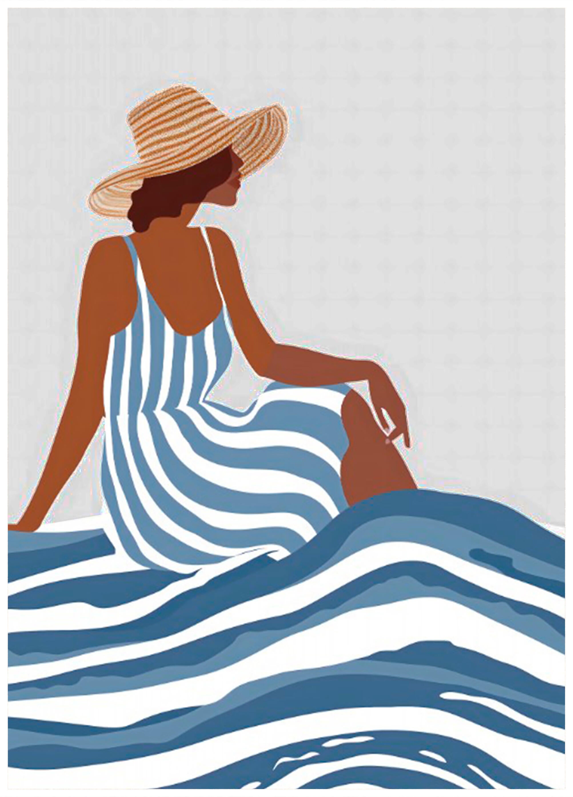 Cuadro pintura impresa enmarcada Personajes rectangular de 61 x 81 cm. MDF Mujer junto al mar blanco. Marco color Blanco - 2