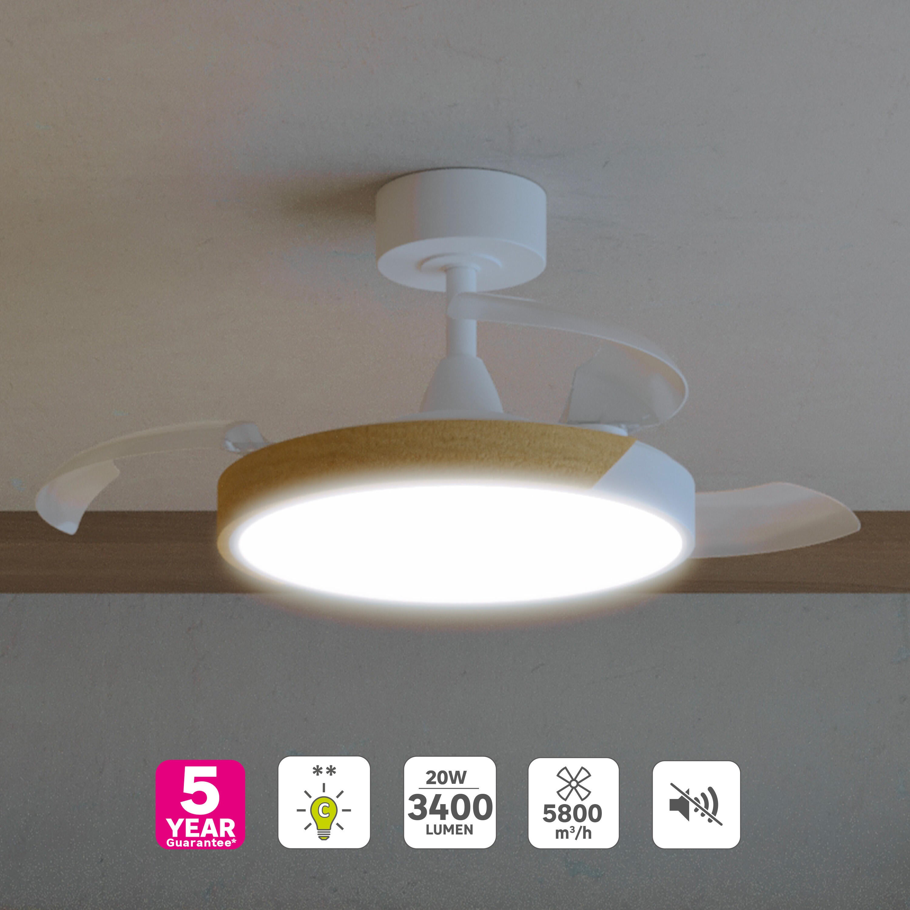Ventoinha de teto com lâmpada silenciosa 3 pás motor DC D91 3500 Lm branco madeira Furtuna Inspire
 - 5