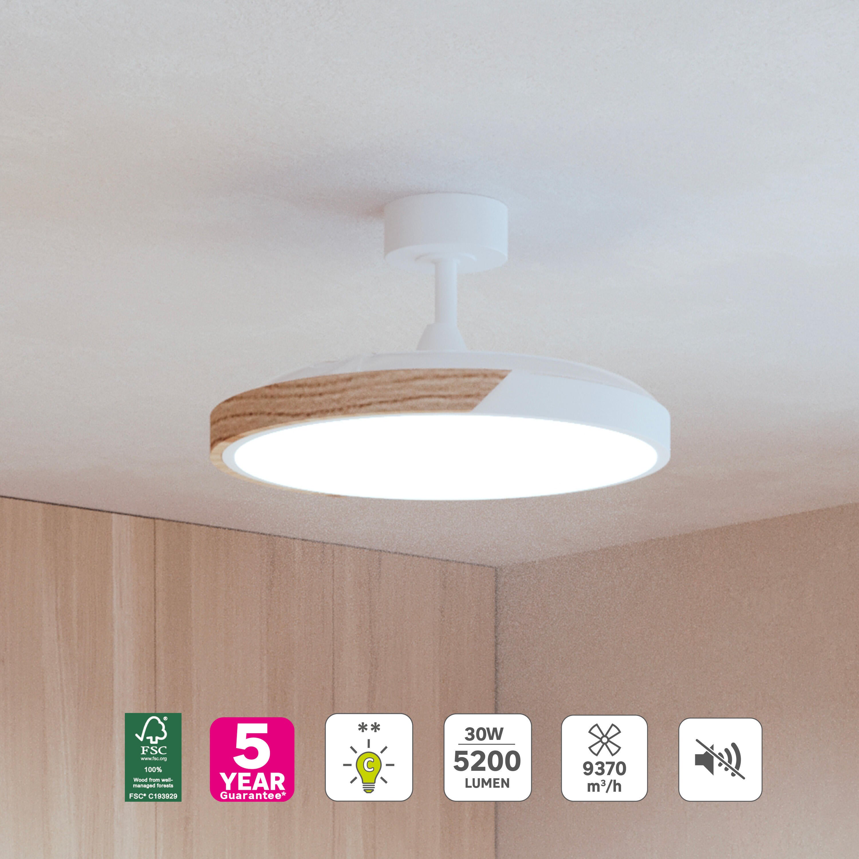 Ventilador de techo con luz silencioso DC 30W con mando ø122 cm Furtuna INSPIRE blanco luz CCT 3 aspas retráctiles tipo lámpara| 6 velocidades| modo verano/invierno| temporizador| brisa| recomendado de 20 a 40m² - 4