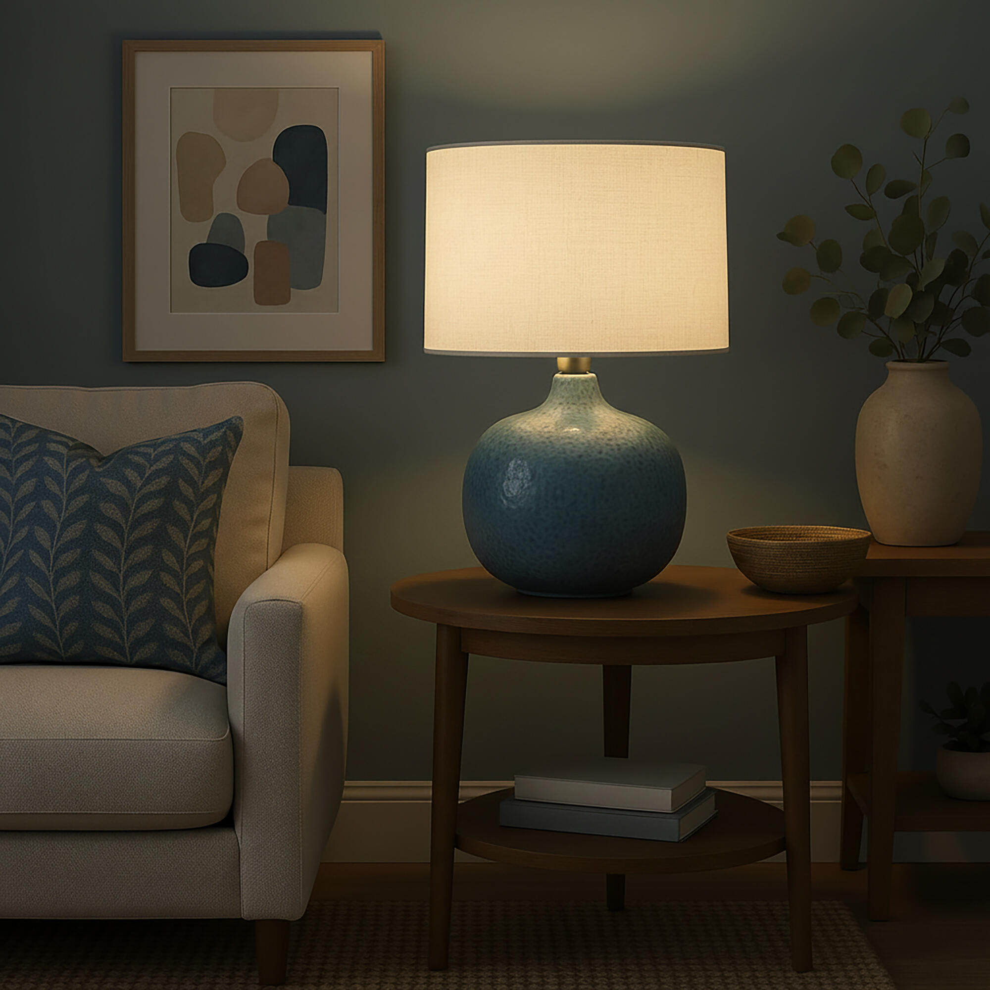 Lámpara de mesa compatible con casquillo E27 Gianira XTRELAMP con estructura cerámica azul pantalla blanca de lino alimentación a red - 12