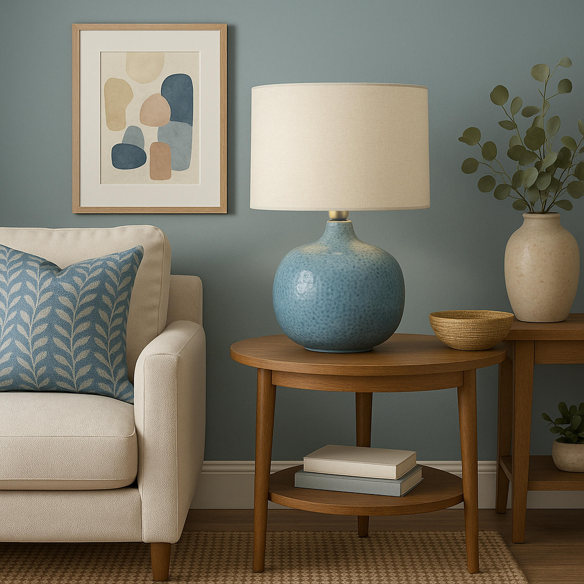 Lámpara de mesa compatible con casquillo E27 Gianira XTRELAMP con estructura cerámica azul pantalla blanca de lino alimentación a red - 4