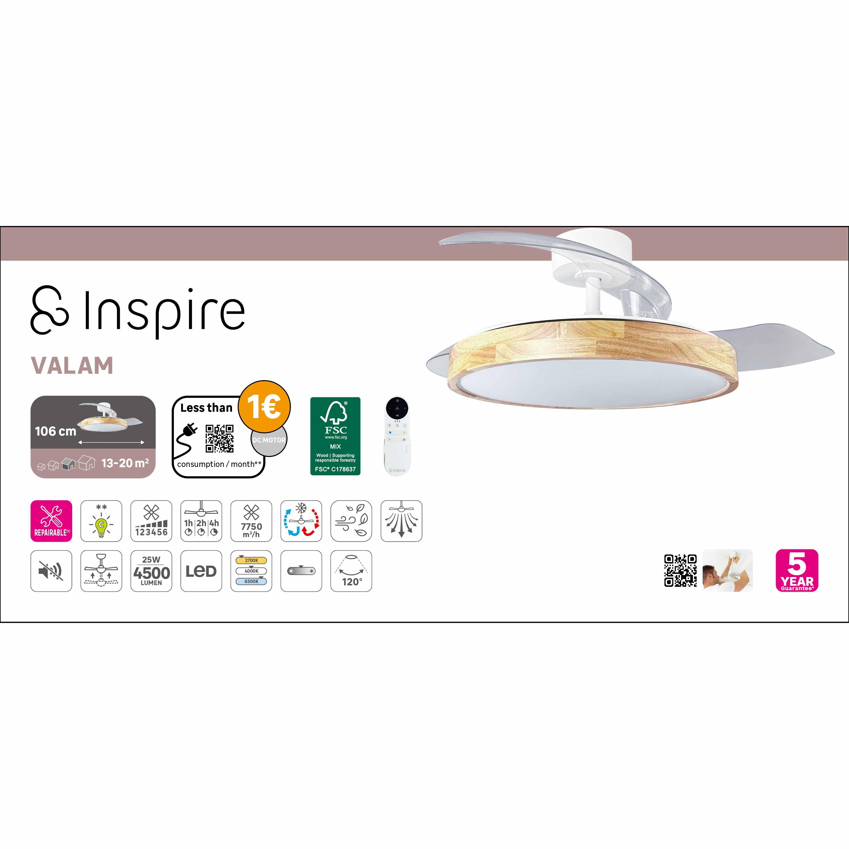 Lampowentylator Valam z wysuwanymi łopatkami z pilotem LED 4500 lm 25W biało-drewniany Inspire - 17