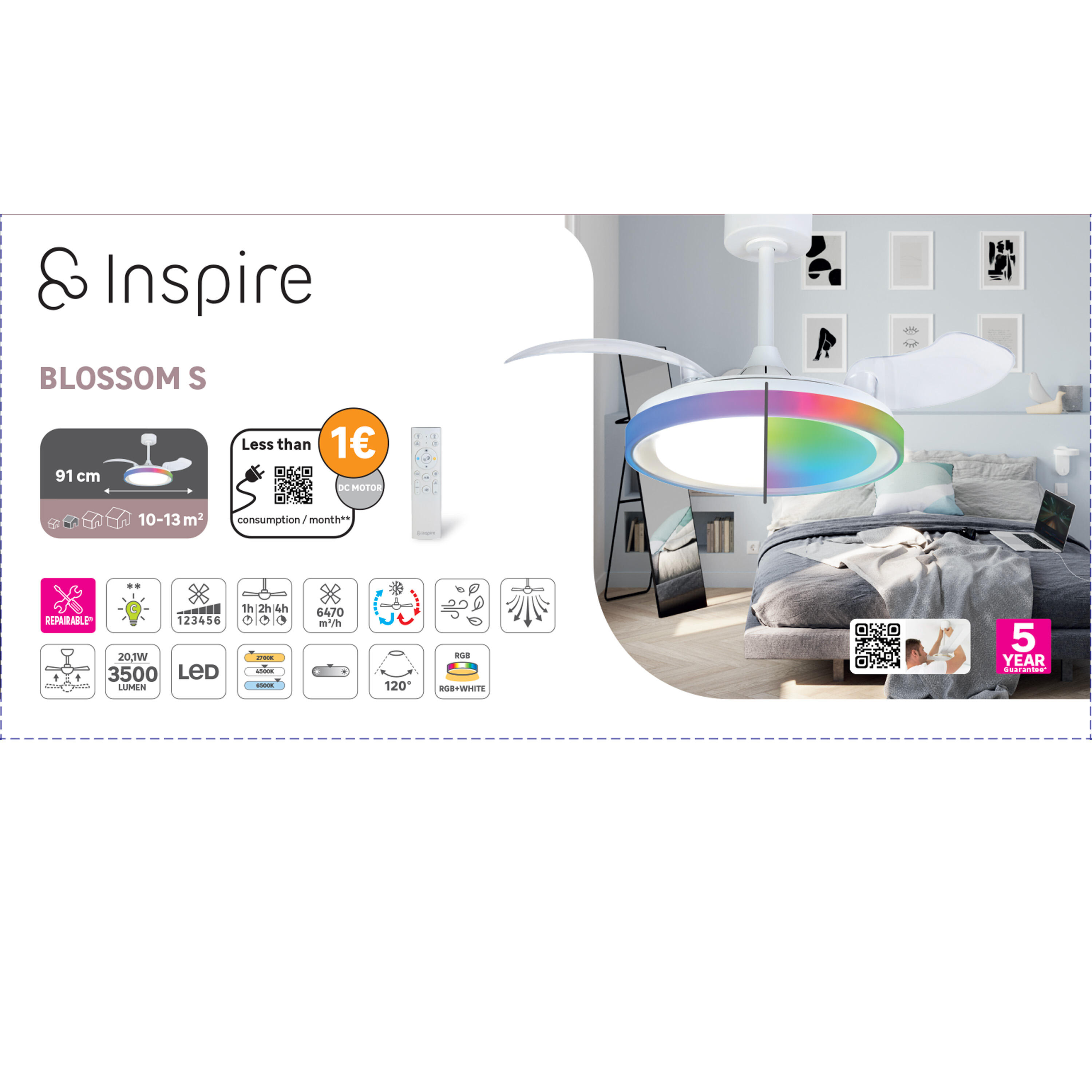 Ventilateur de plafond LED, Blossom S, 91 cm, INSPIRE, blanc - 17