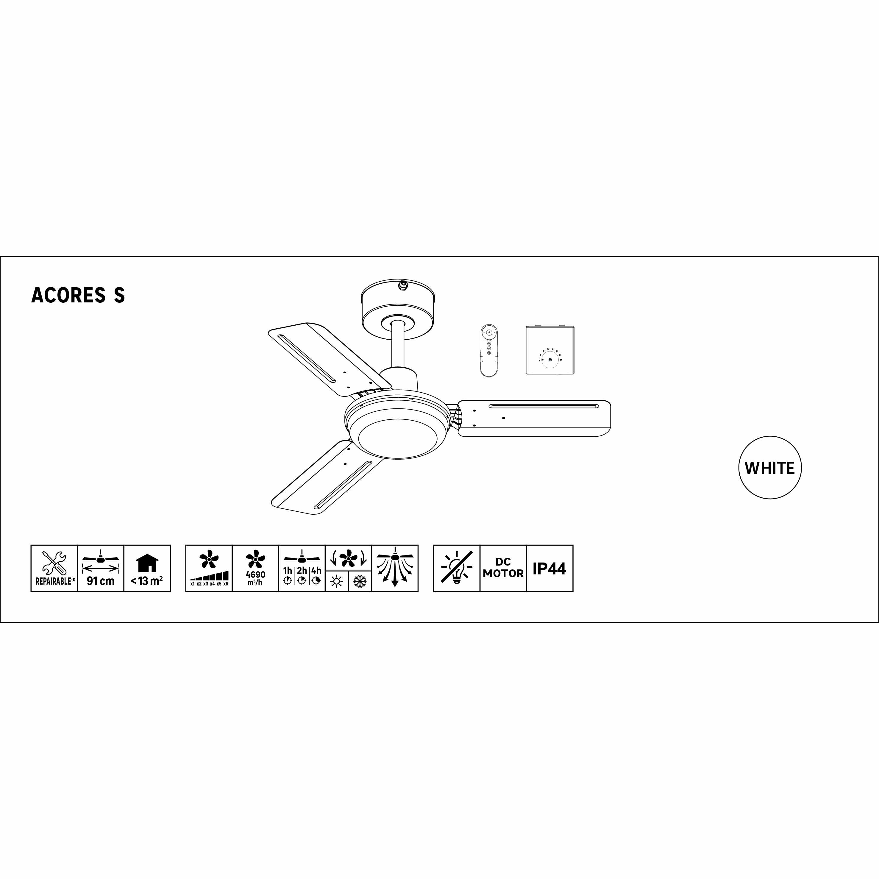 Ventilateur de plafond sans lumière silencieux, Acores S, IP44, 91 cm, blanc - 10