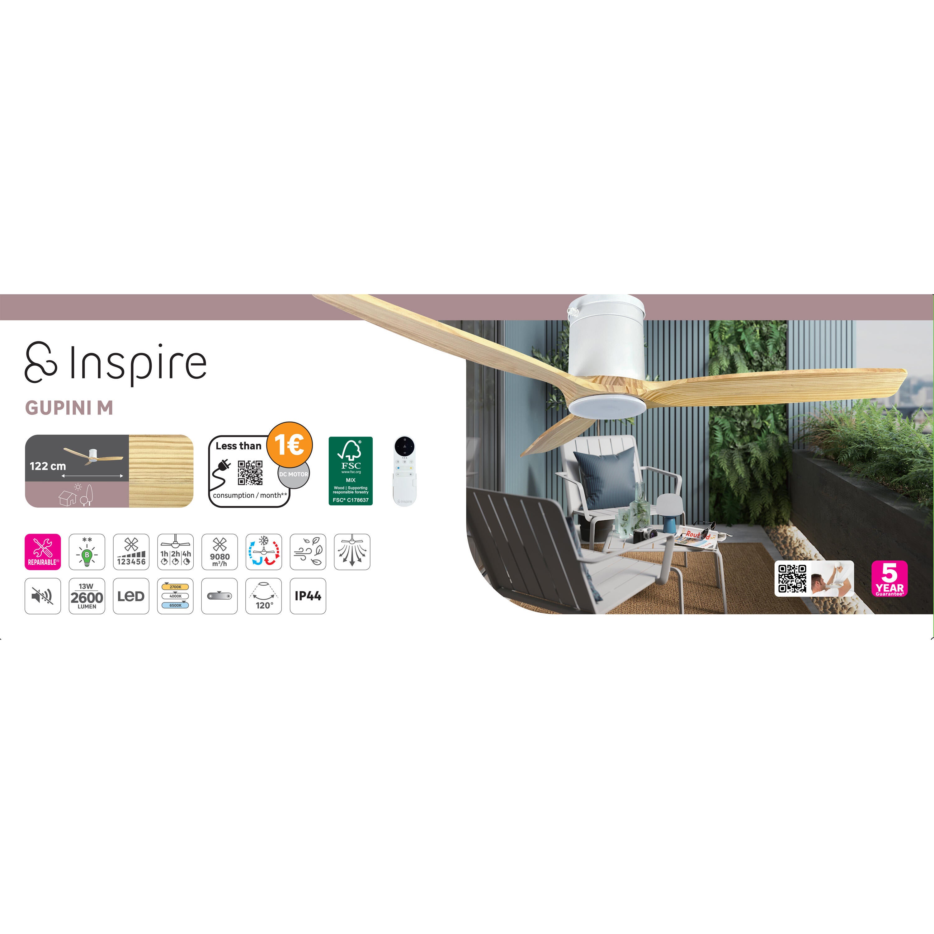Ventoinha de teto com lâmpada incluída silenciosa D122 cm 2700 Lm IP44 Madeira Gupini Inspire
 - 15