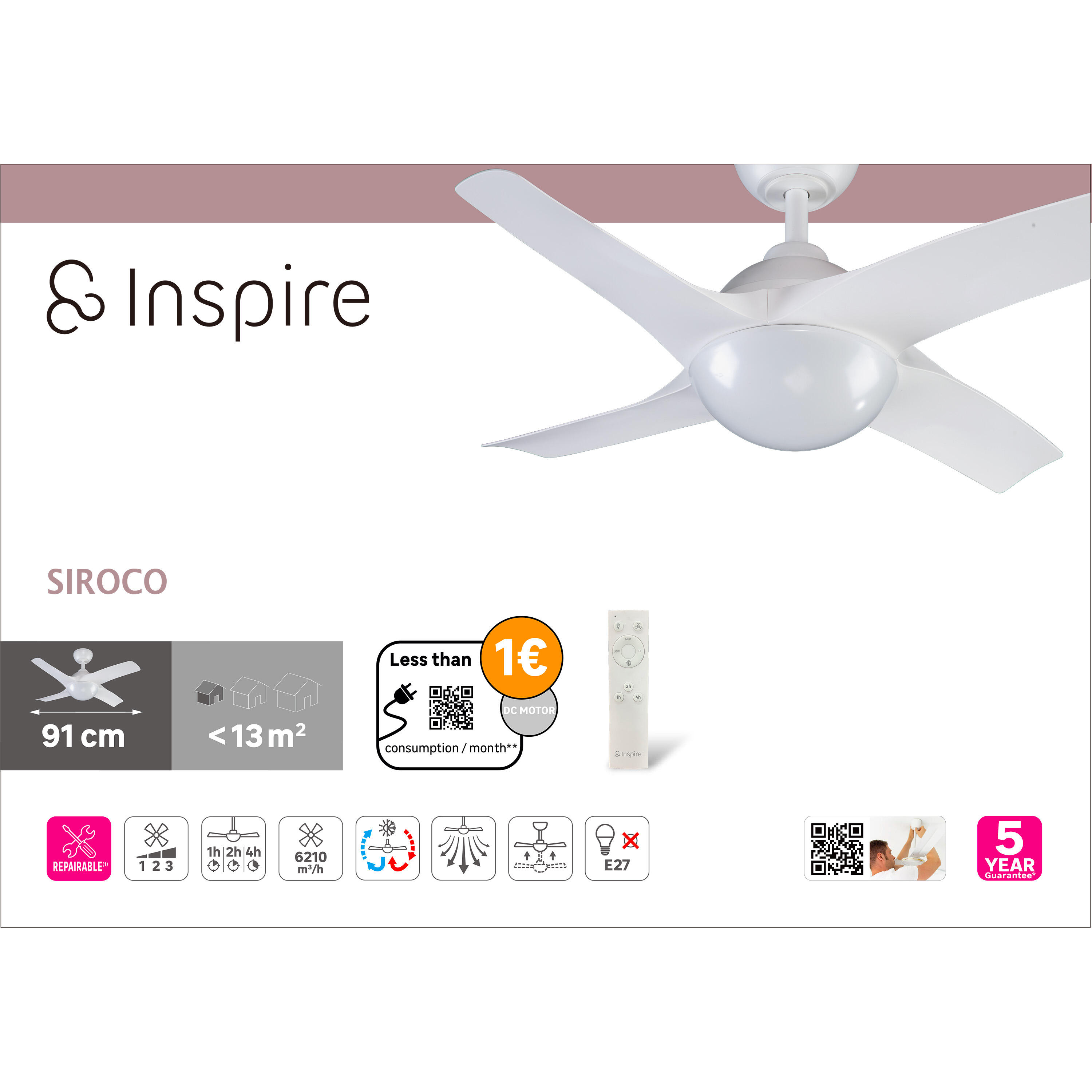 Ventilateur de plafond 1XE27 silencieux, Siroco, 91 cm, INSPIRE, blanc - 7