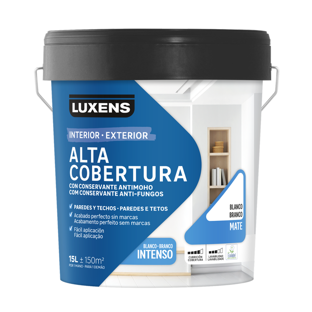 Pintura de interior alta cobertura LUXENS color blanco mate 15L para paredes y techos