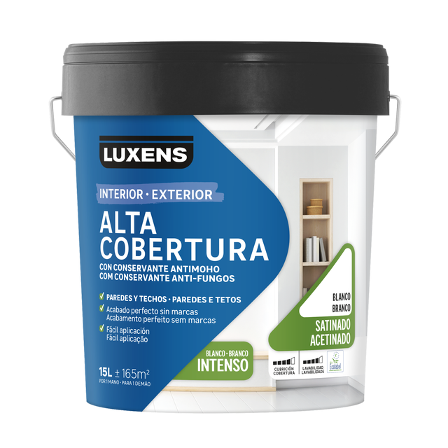 Pintura de interior alta cobertura LUXENS color blanco satinado 15 L para paredes y techos