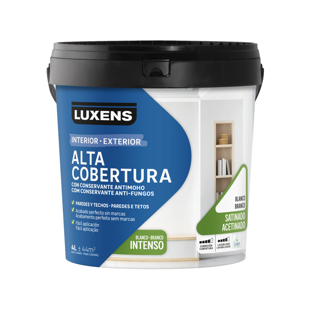 Pintura de interior alta cobertura LUXENS color blanco satinado 4 L para paredes y techos