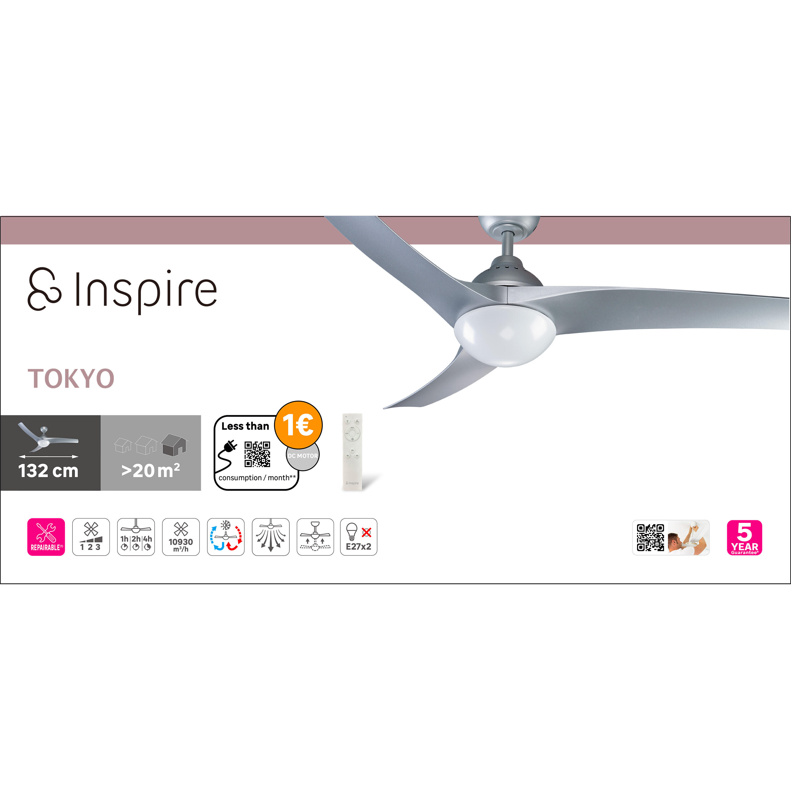 Ventilatore da soffitto Tokyo grigio, ø 132 cm 2xE27 silenzioso INSPIRE - 9