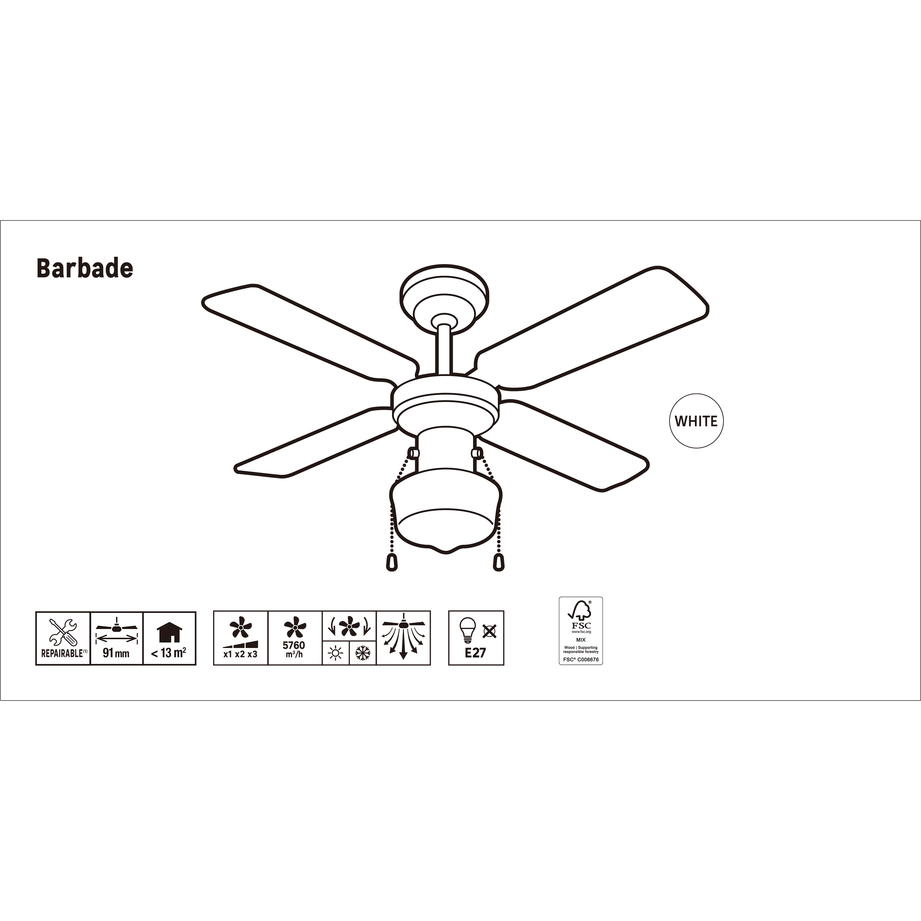 Ventilador de techo con luz AC ø91 cm Barbade blanco/beige E27 4 aspas de madera |3 velocidades |modo verano/invierno | recomendado para <13m² - 12
