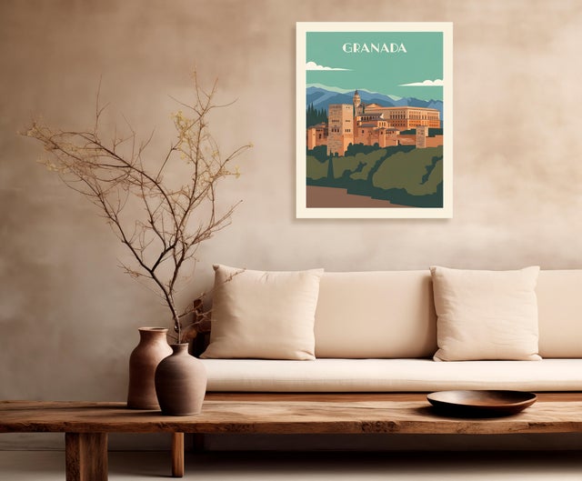 Pintura impresa sin marco Urban city rectangular de 40 x 50 cm. MDF Ciudad Retro Alhambra Granada multicolor