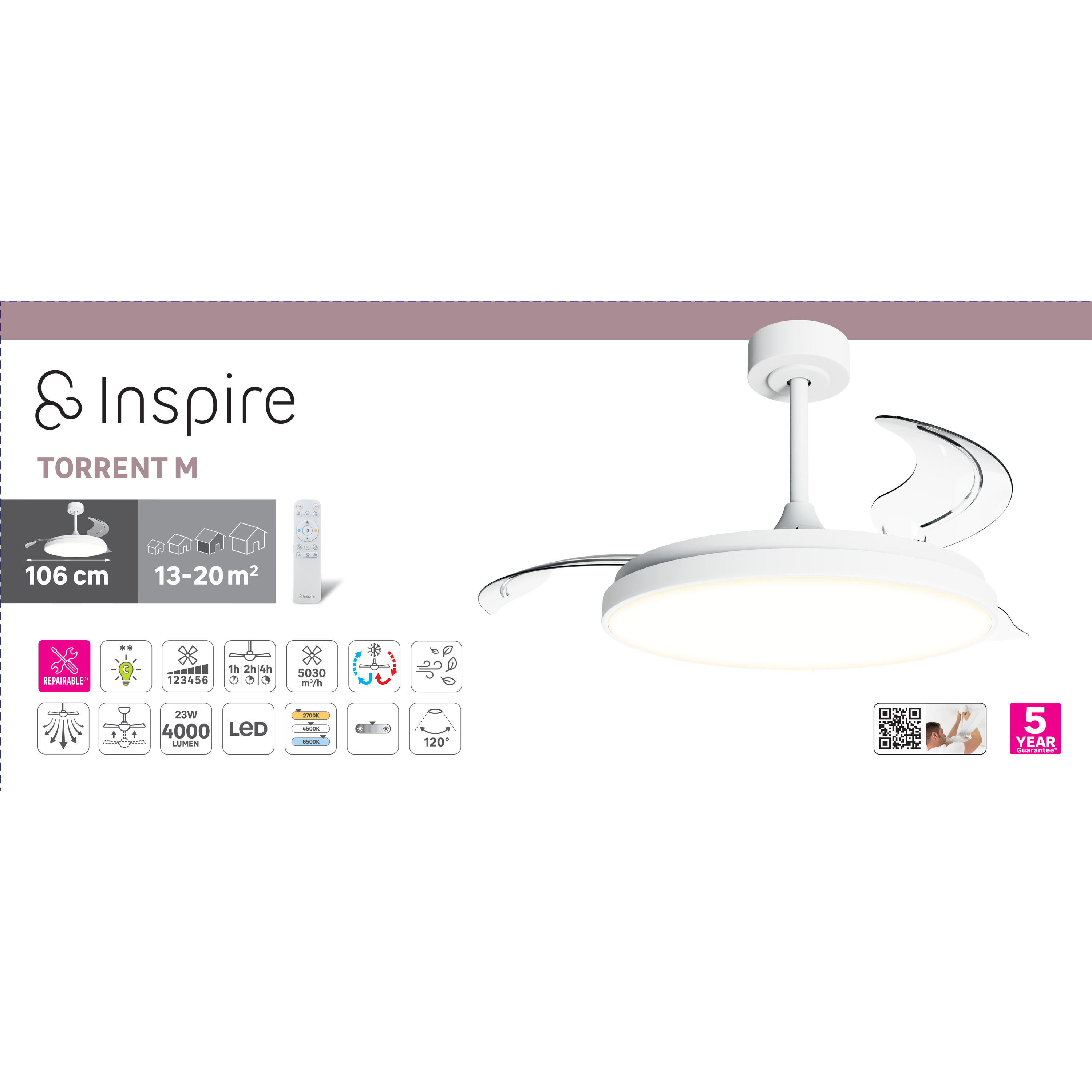 Ventilateur de plafond LED, Torrent M, 106 cm, INSPIRE, blanc - 11