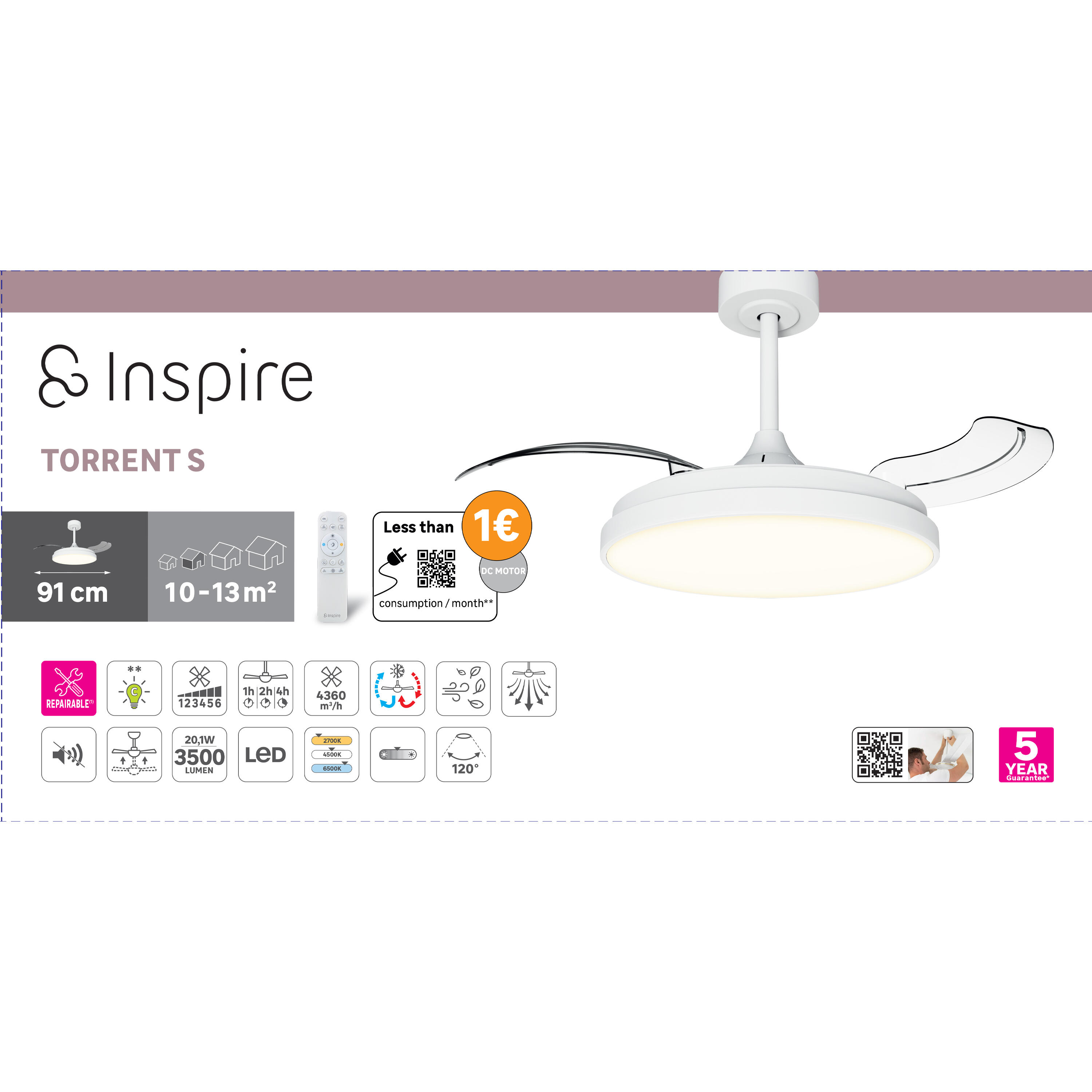 Ventilador de techo con luz silencioso DC 20W con mando ø91 cm Torrent INSPIRE blanco luz CCT 3 aspas retráctiles tipo lámpara| 6 velocidades| modo verano/invierno| temporizador| brisa| recomendado para <13m² - 12