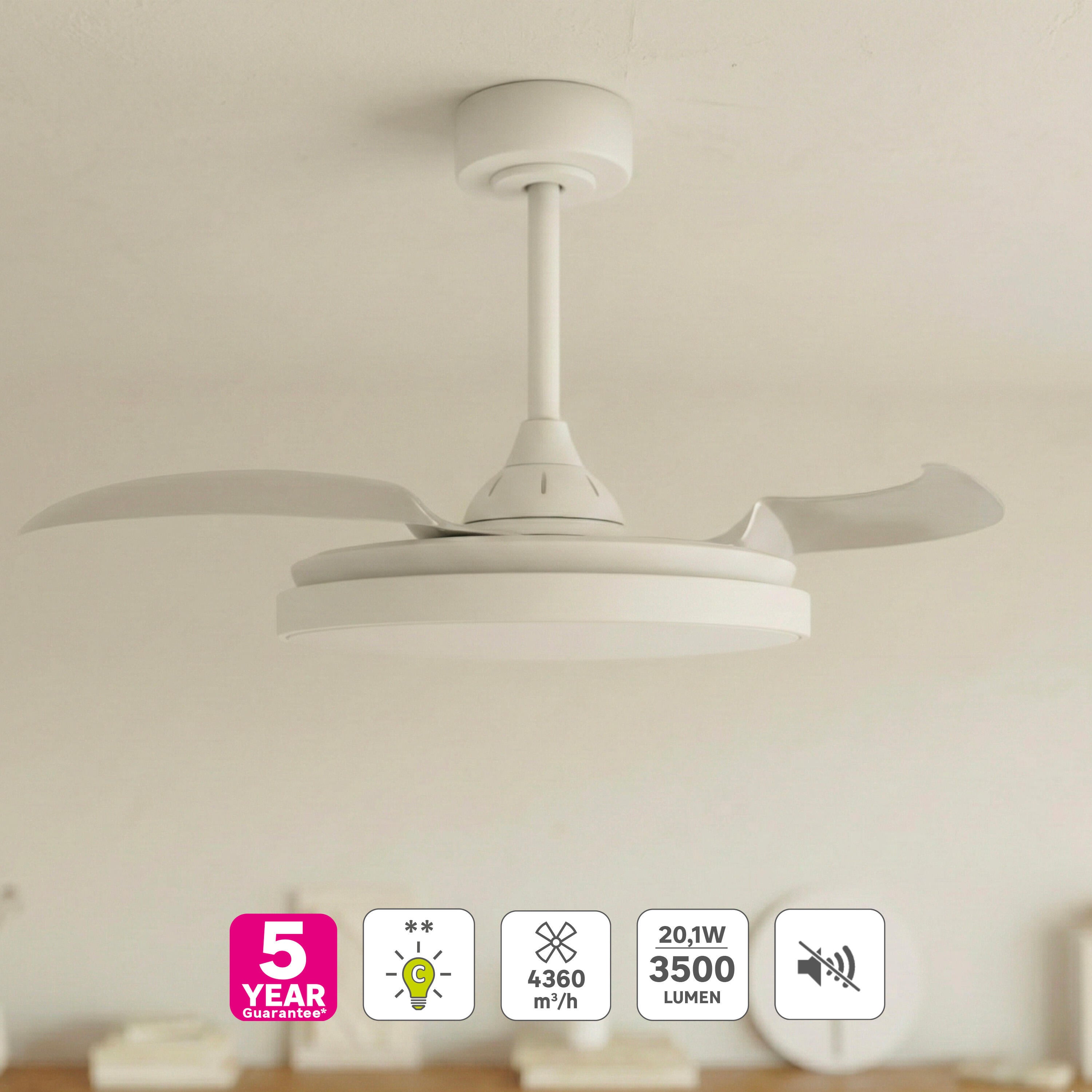 Ventilador de techo con luz silencioso DC 20W con mando ø91 cm Torrent INSPIRE blanco luz CCT 3 aspas retráctiles tipo lámpara| 6 velocidades| modo verano/invierno| temporizador| brisa| recomendado para <13m² - 4