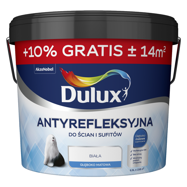 Farba wewnętrzna Dulux biała głęboki mat emulsja antyrefleksyjna 9 litrów+10%
