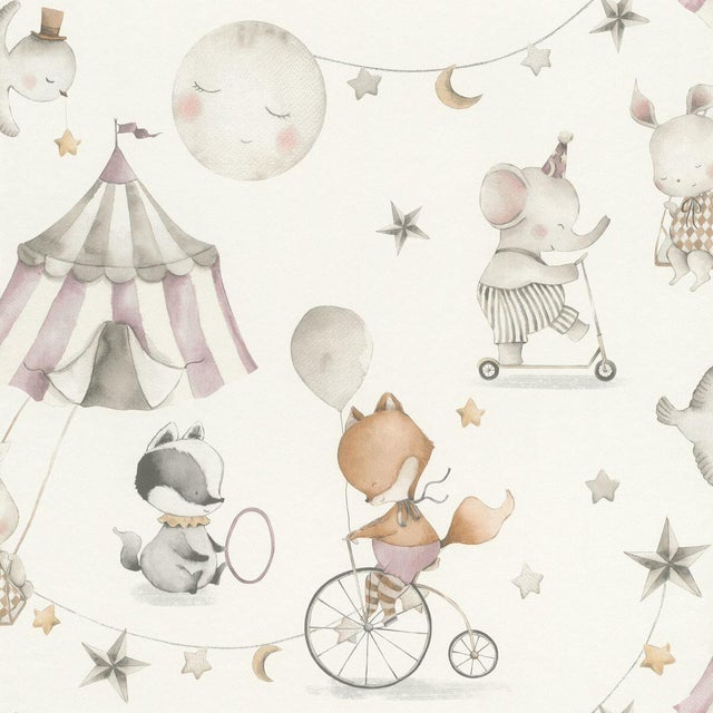 Carta da parati circo rosa e stelline rosa, 53 cm x 10 m