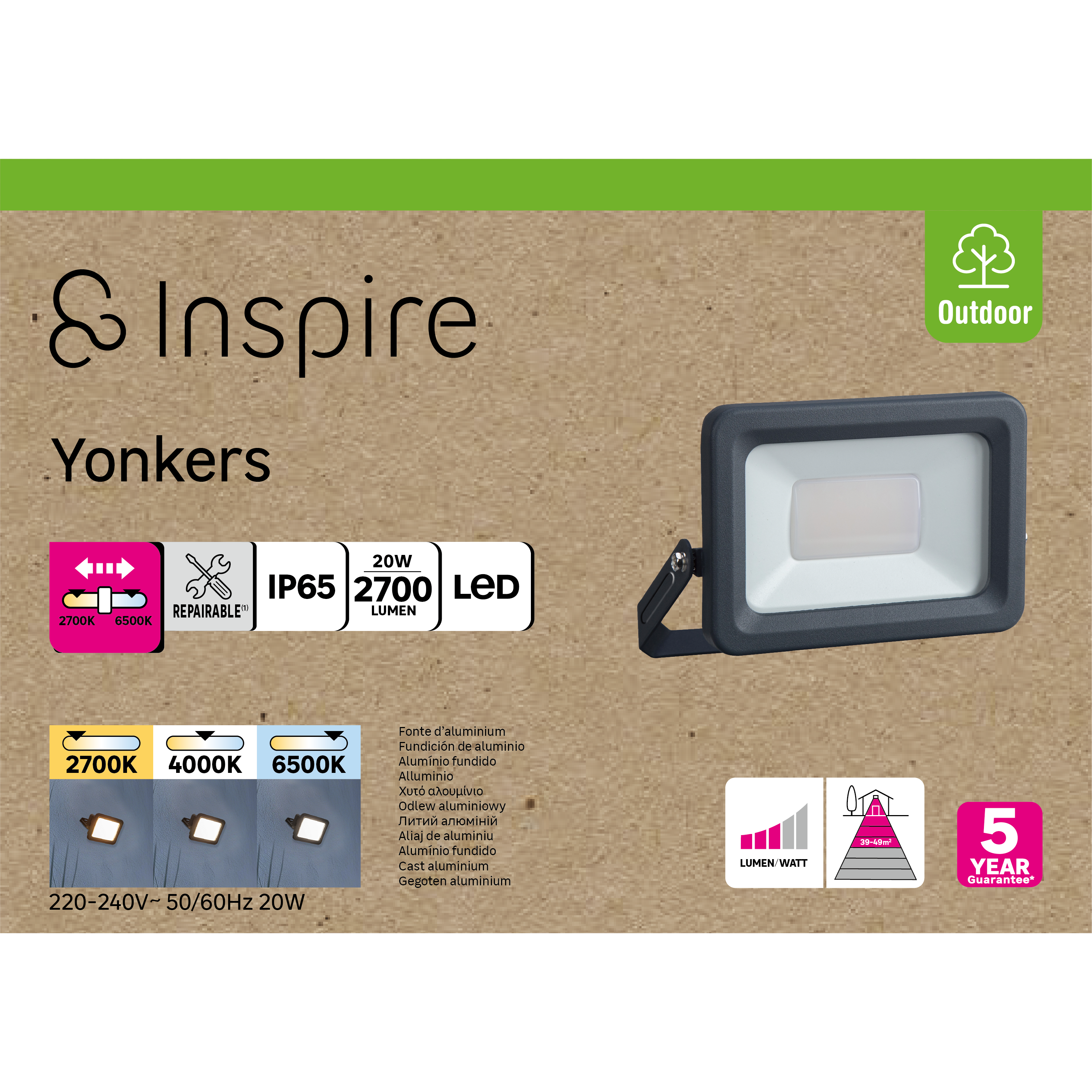 Projecteur LED 2700 lm blanc chaud / neutre ou froid, Yonkers anthracite INSPIRE - 6