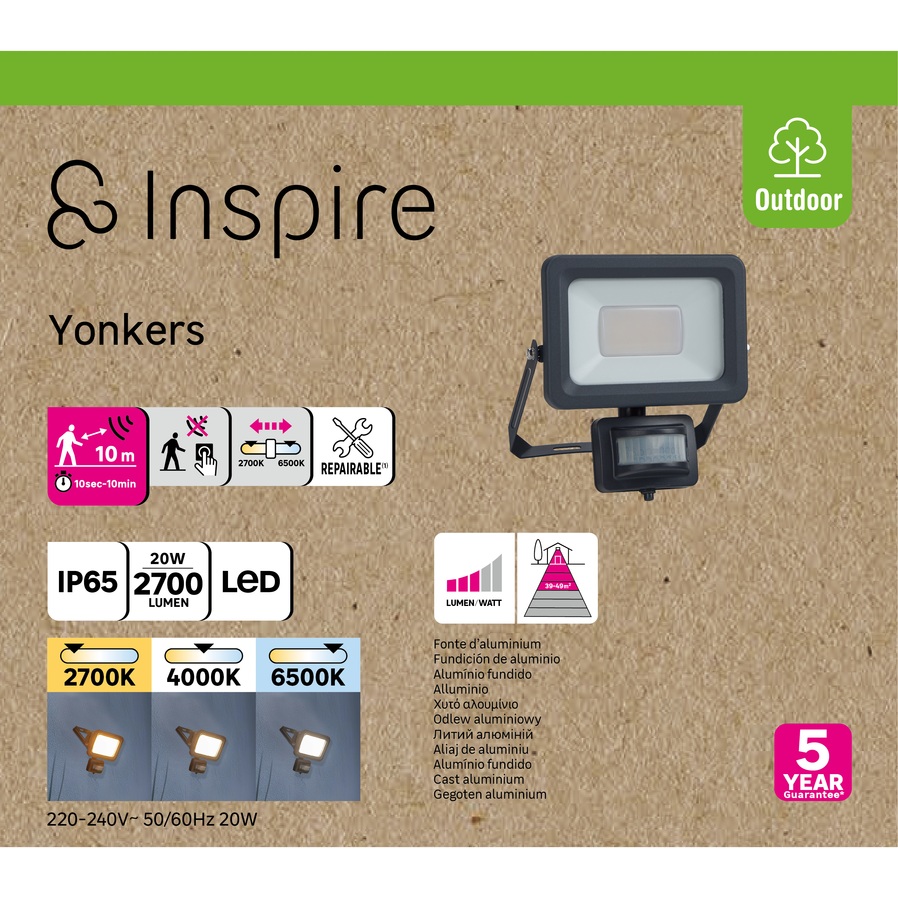 Projecteur LED à détection 2700 lm blanc chaud / neutre ou froid Yonkers INSPIRE - 5