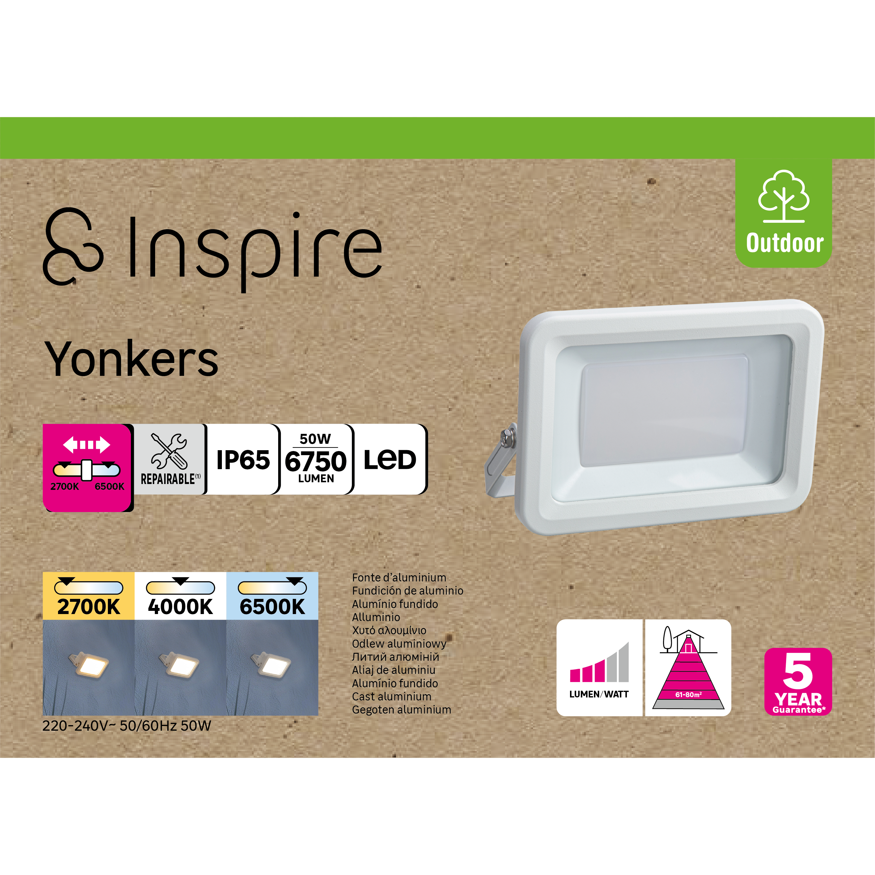 Proyector LED exterior INSPIRE Yonkers rectangular CCT 2700K-6500K 50W 6750 lm IP65 resistente a la lluvia y al polvo - 5