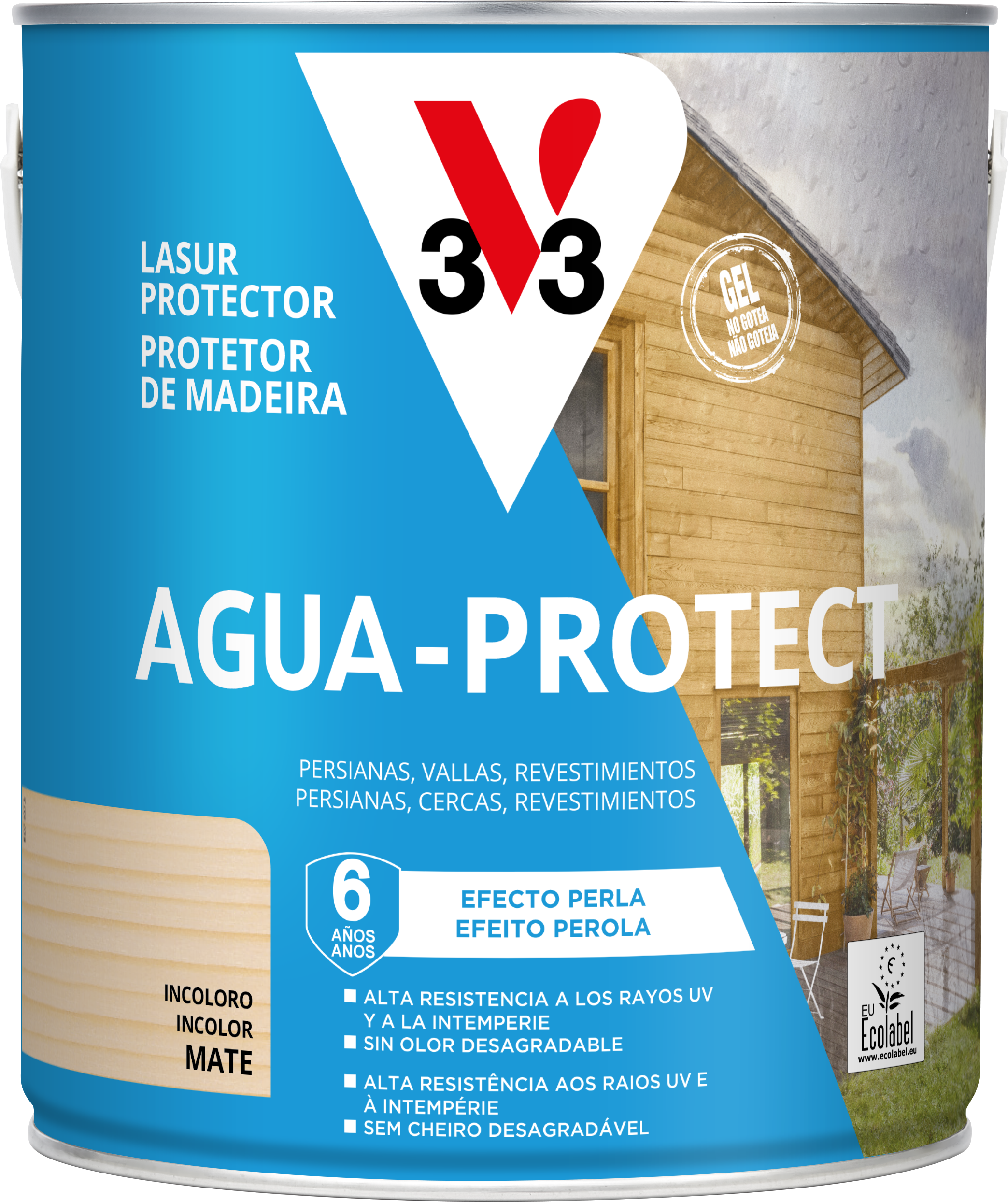 Protector madera exterior color incoloro para ventana, puerta, valla, persiana, caseta de jardín v33 mate 2.5l base agua