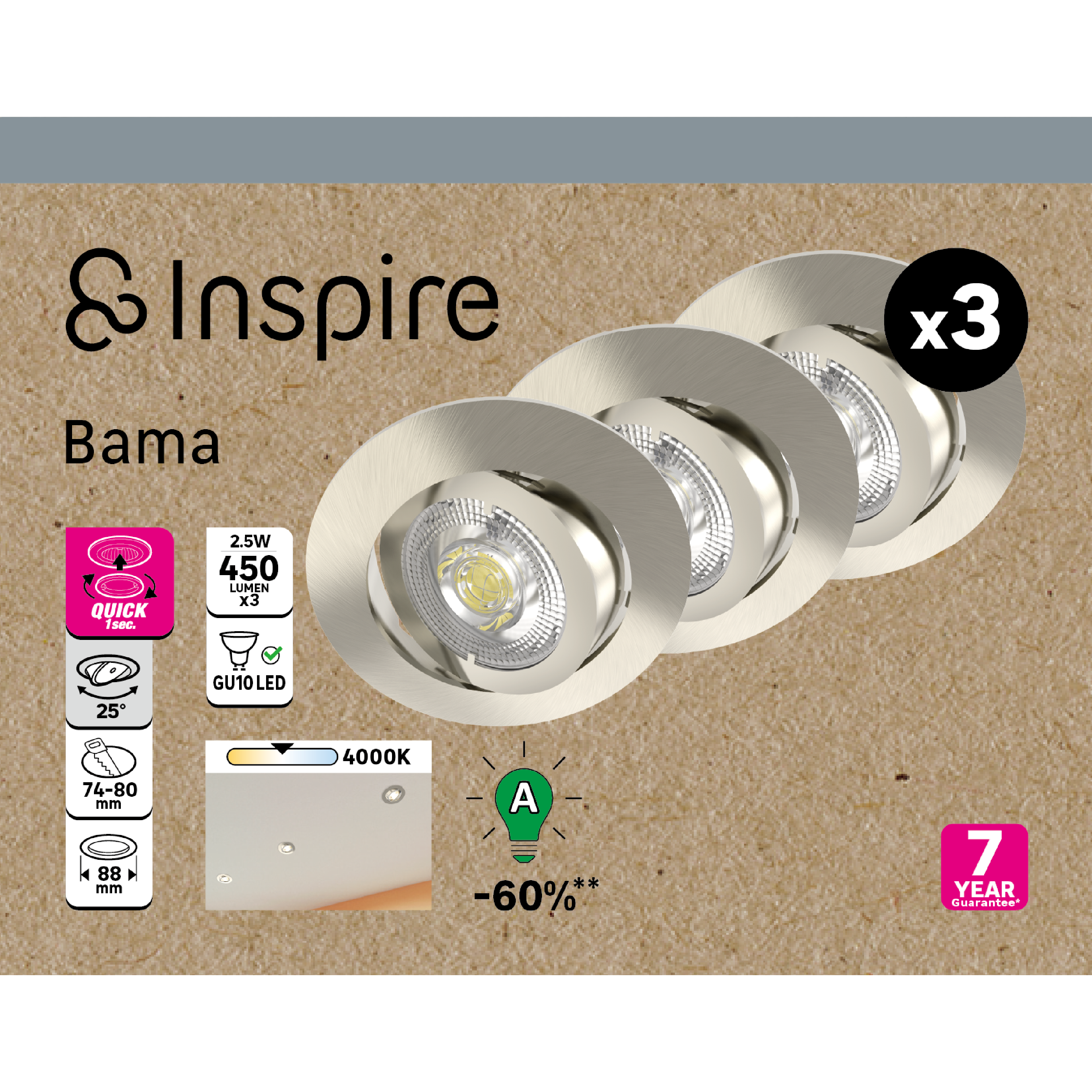Kit 3 spots à encastrer GU10 Bama orientable Classe A blanc neutre INSPIRE acier - 2