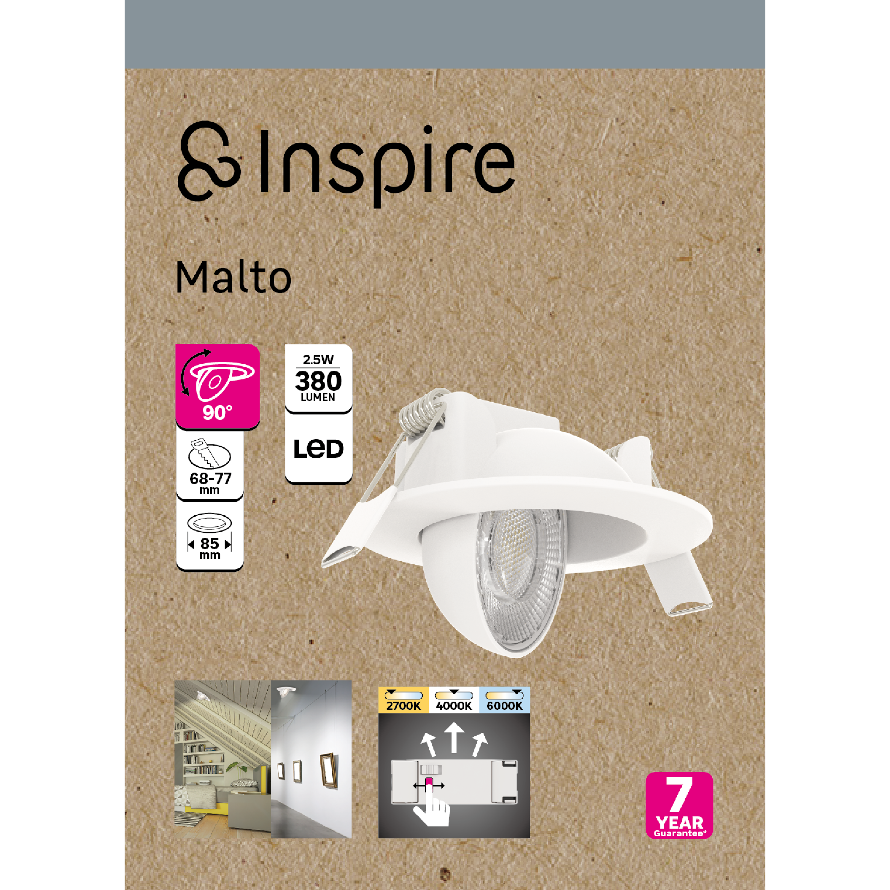 Downlight LED empotrable orientable INSPIRE Malto blanco redondo ø8.5 cm 380 lm 3.4 W 3 tonos de luz CCT (2700K-4000K-6000K) IP20 - Foco LED empotrado orientable para techos - 9