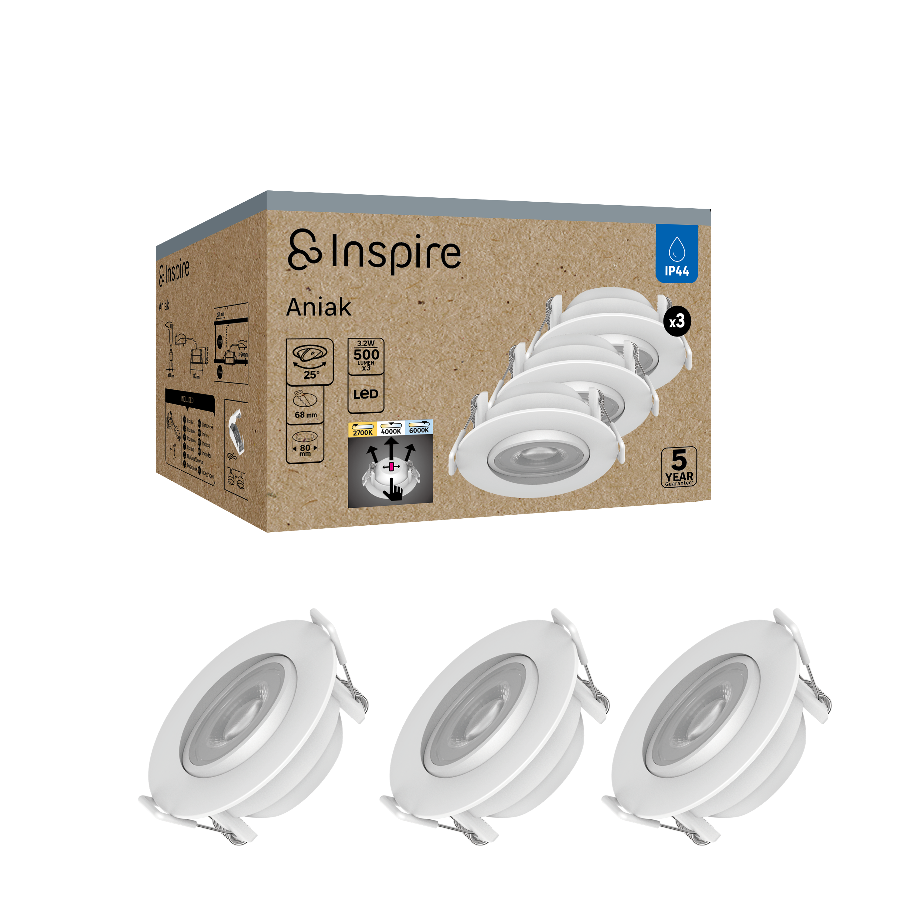 Oprawa stropowa oczko Aniak 3 szt. LED 500 lm 3.2W barwa ciepła, neutralna, zimna biała IP44 Inspire