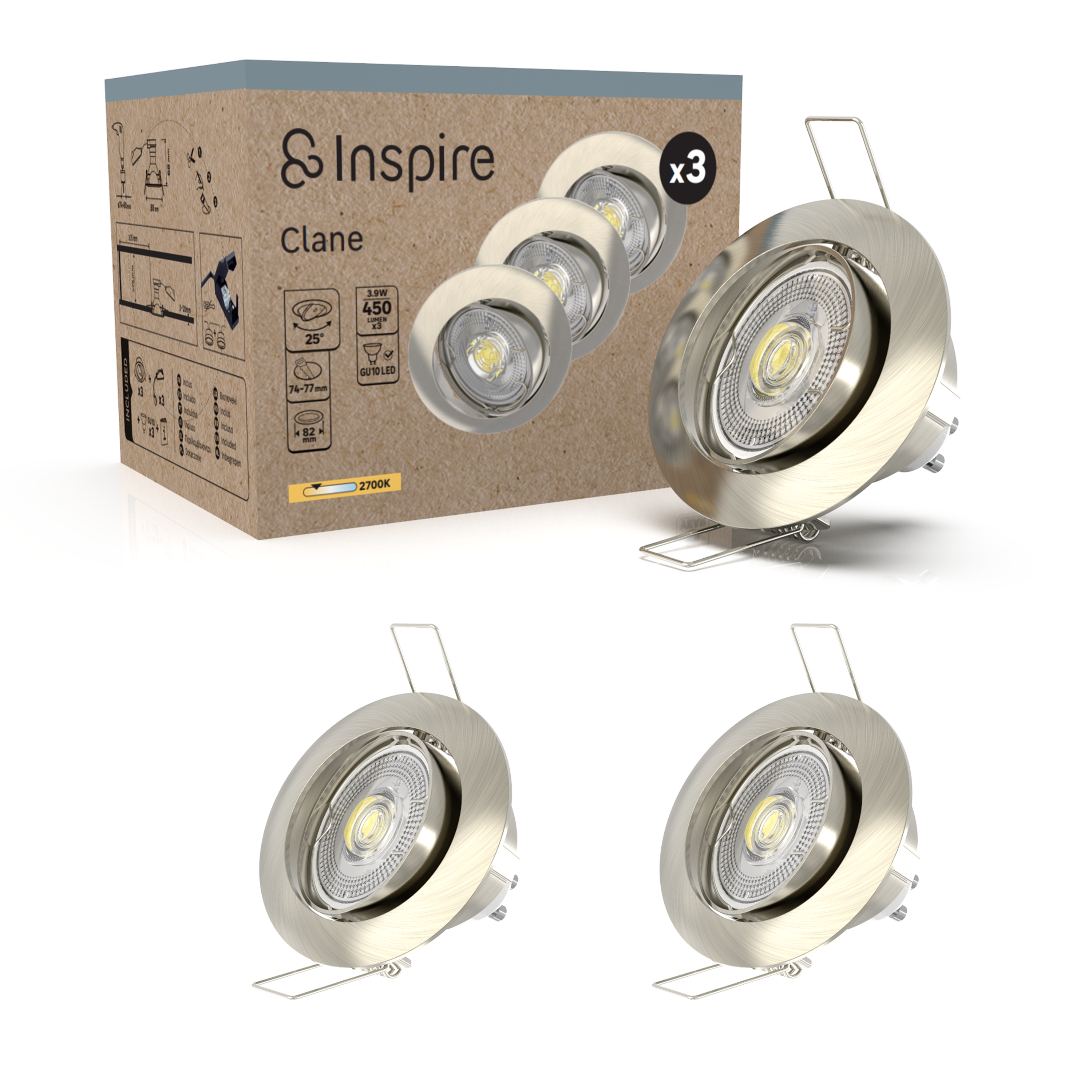 Kit 3 spots encastrés GU10 Clane orientable 450 Lumens blanc chaud INSPIRE acier - 7