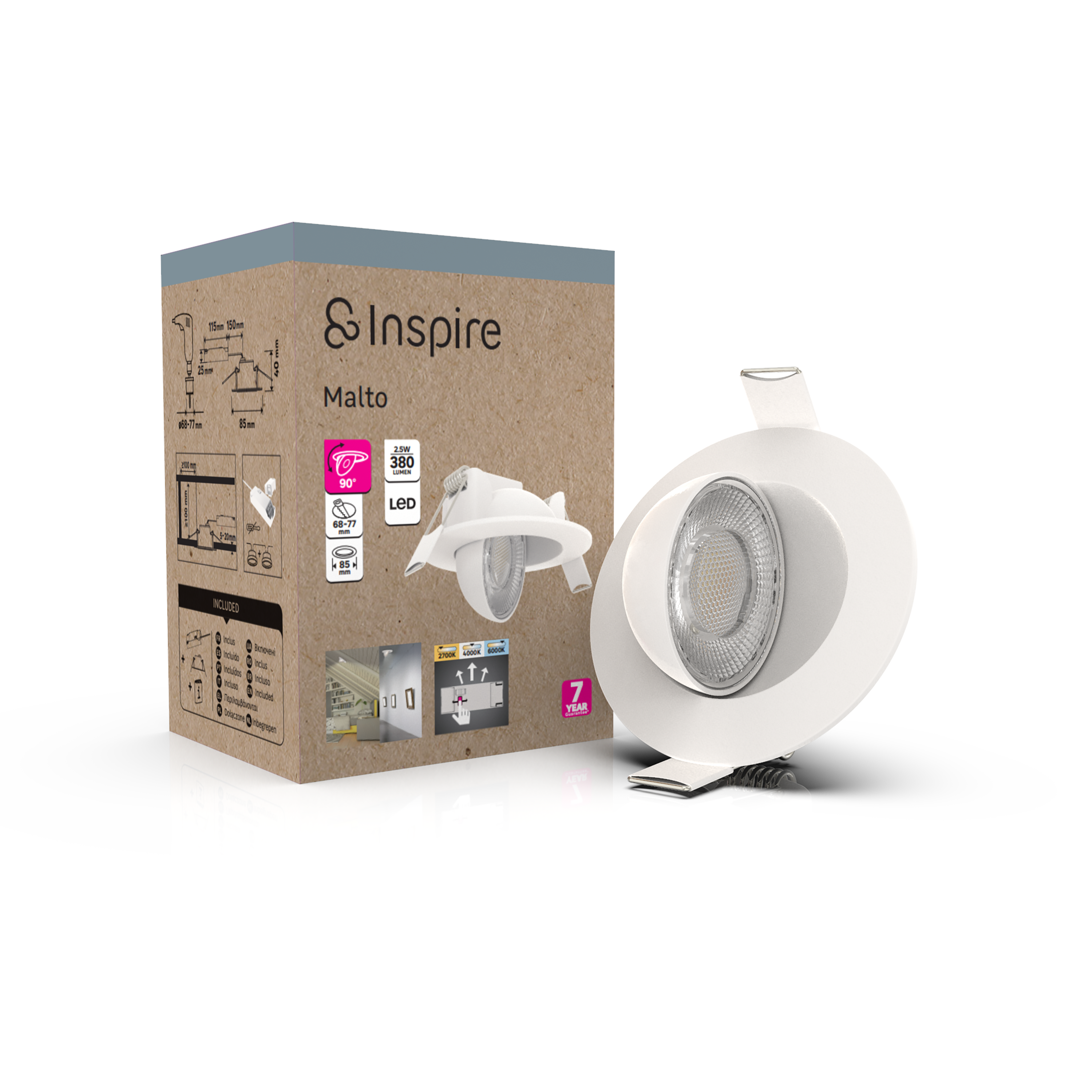 Downlight LED empotrable orientable INSPIRE Malto blanco redondo ø8.5 cm 380 lm 3.4 W 3 tonos de luz CCT (2700K-4000K-6000K) IP20 - Foco LED empotrado orientable para techos - 5