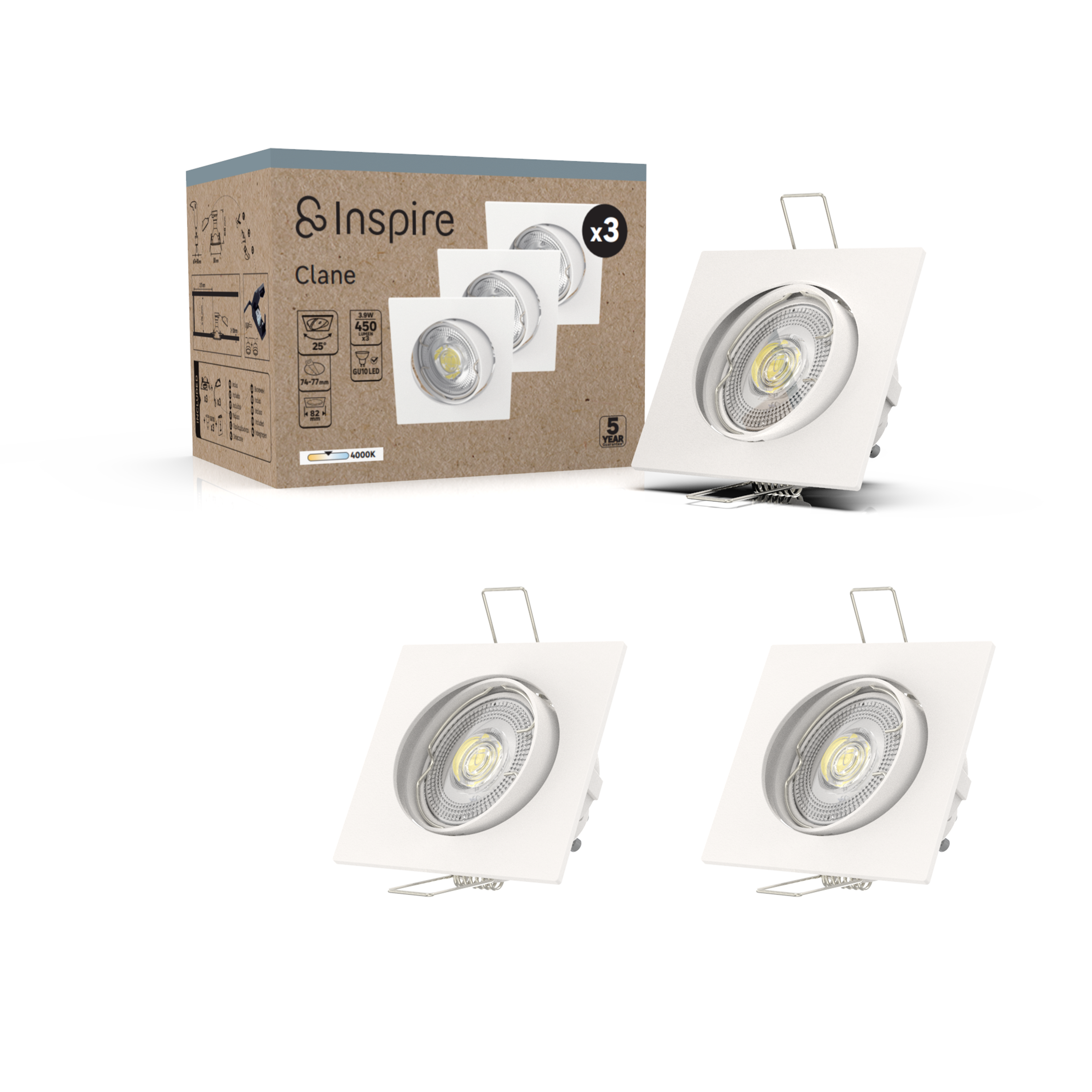 Kit 3 spots encastrés GU10 Clane orientable 450Lumens blanc neutre INSPIRE blanc - 8