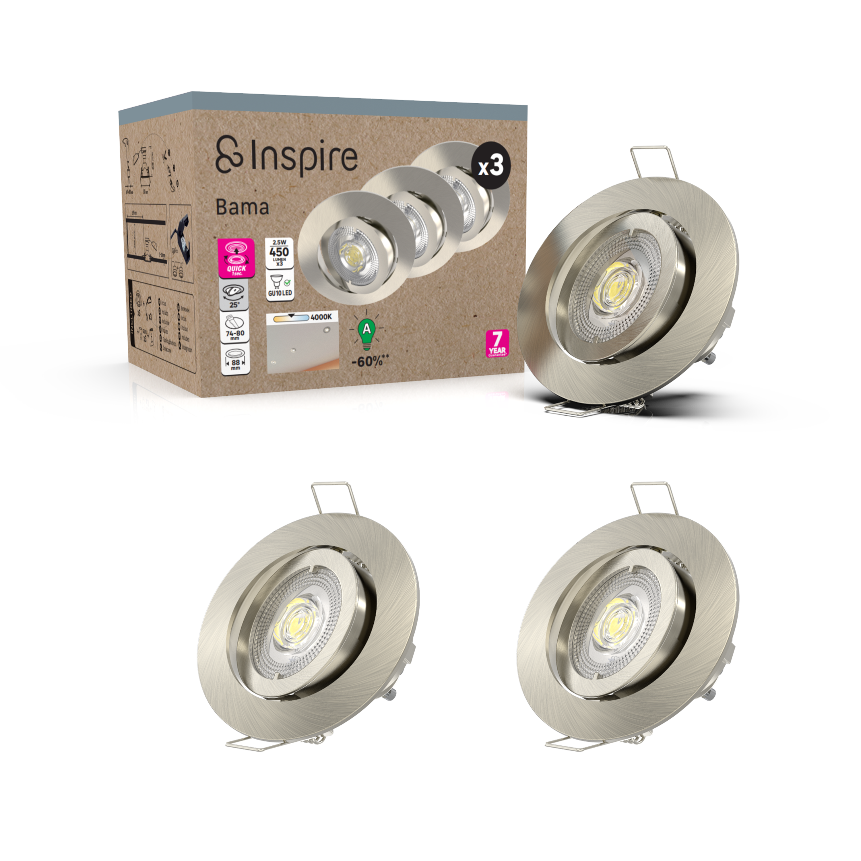 Kit 3 spots à encastrer GU10 Bama orientable Classe A blanc neutre INSPIRE acier - 7