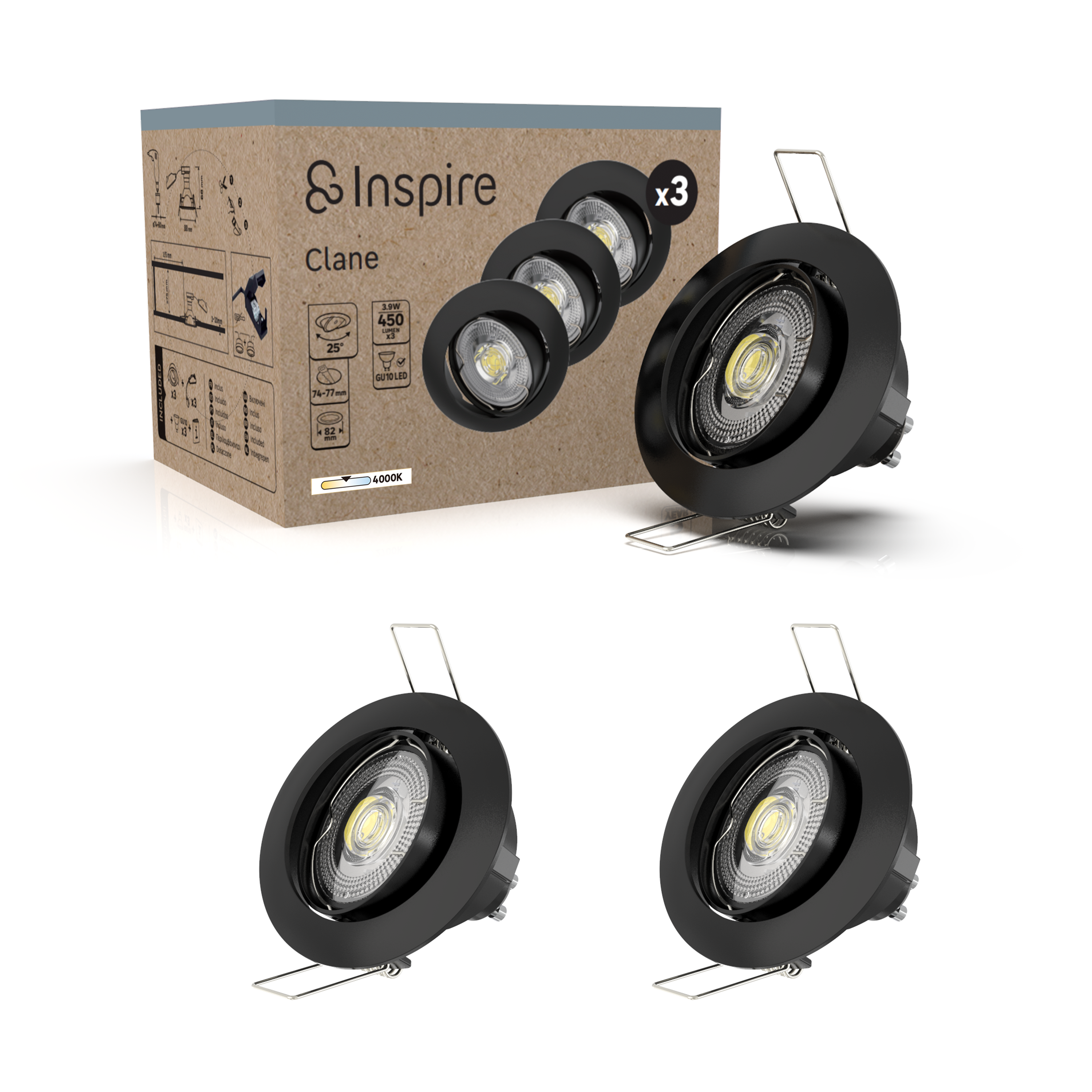 Oprawa wpuszczana oczko Clane 3 szt. GU10 450 lm 3.9W neutralna barwa 8.2 cm czarna IP20 Inspire - 6