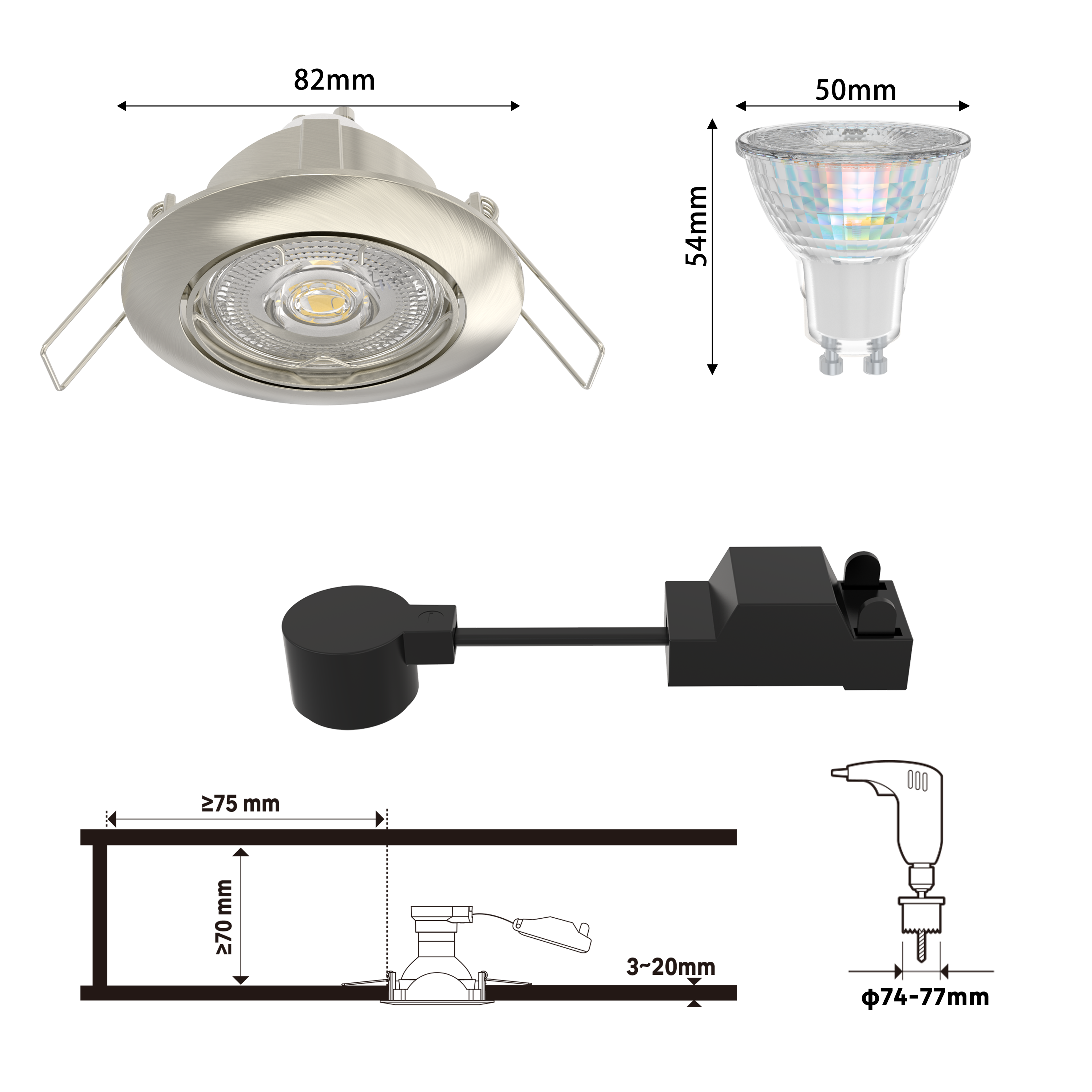 Kit 3 spots encastrés GU10 Clane orientable 450 Lumens blanc chaud INSPIRE acier - 6