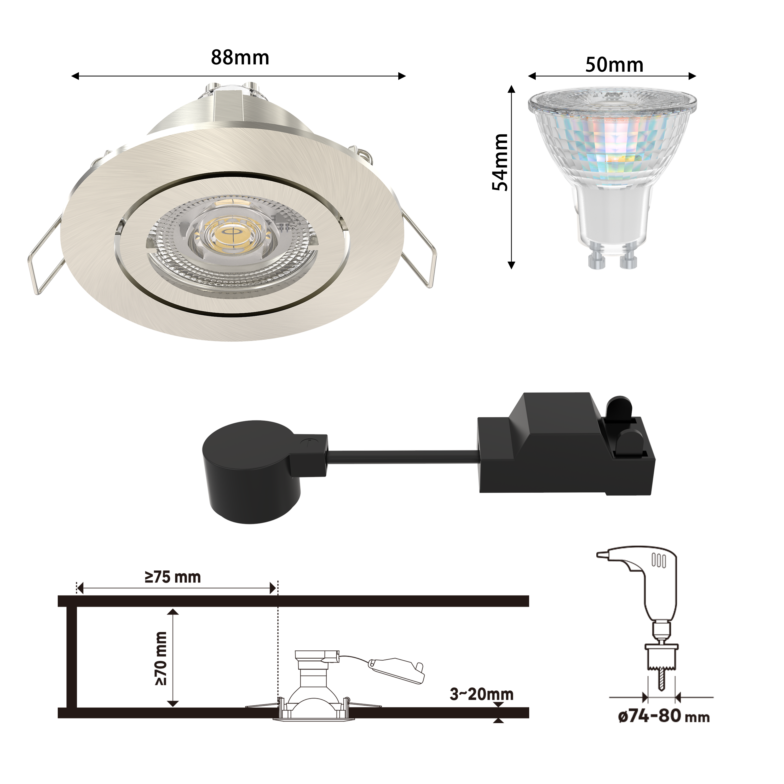 Kit 3 spots à encastrer GU10 Bama orientable Classe A blanc neutre INSPIRE acier - 6