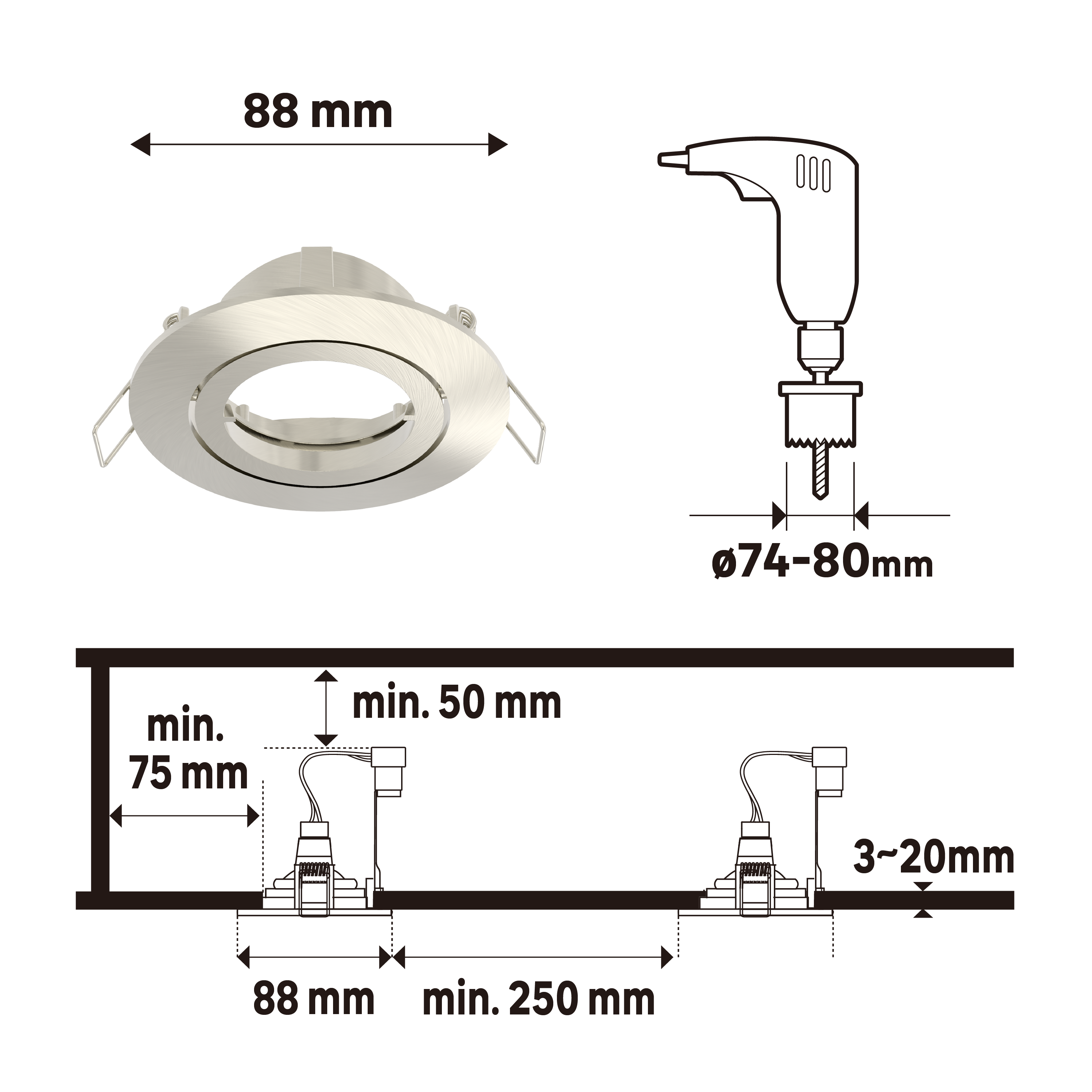 Downlight empotrable gris redondo cepillado y niquelado compatible con bombilla GU10 orientable INSPIRE Bama ø8.8 cm IP20 - Foco empotrable para techos - 3