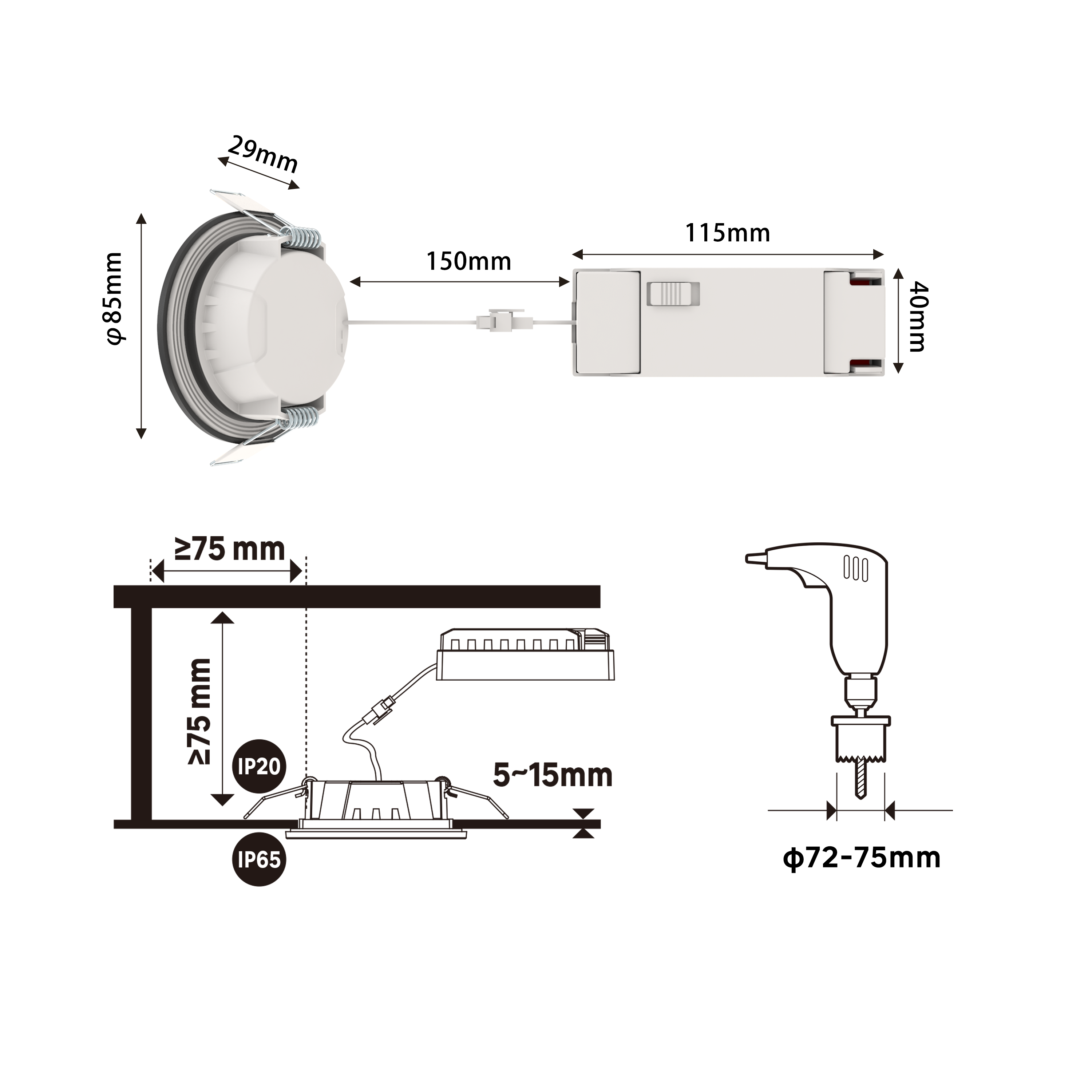 3 spots encastrés LED salle de bain IP65 BBC Kilia CCT, INSPIRE noir - 8