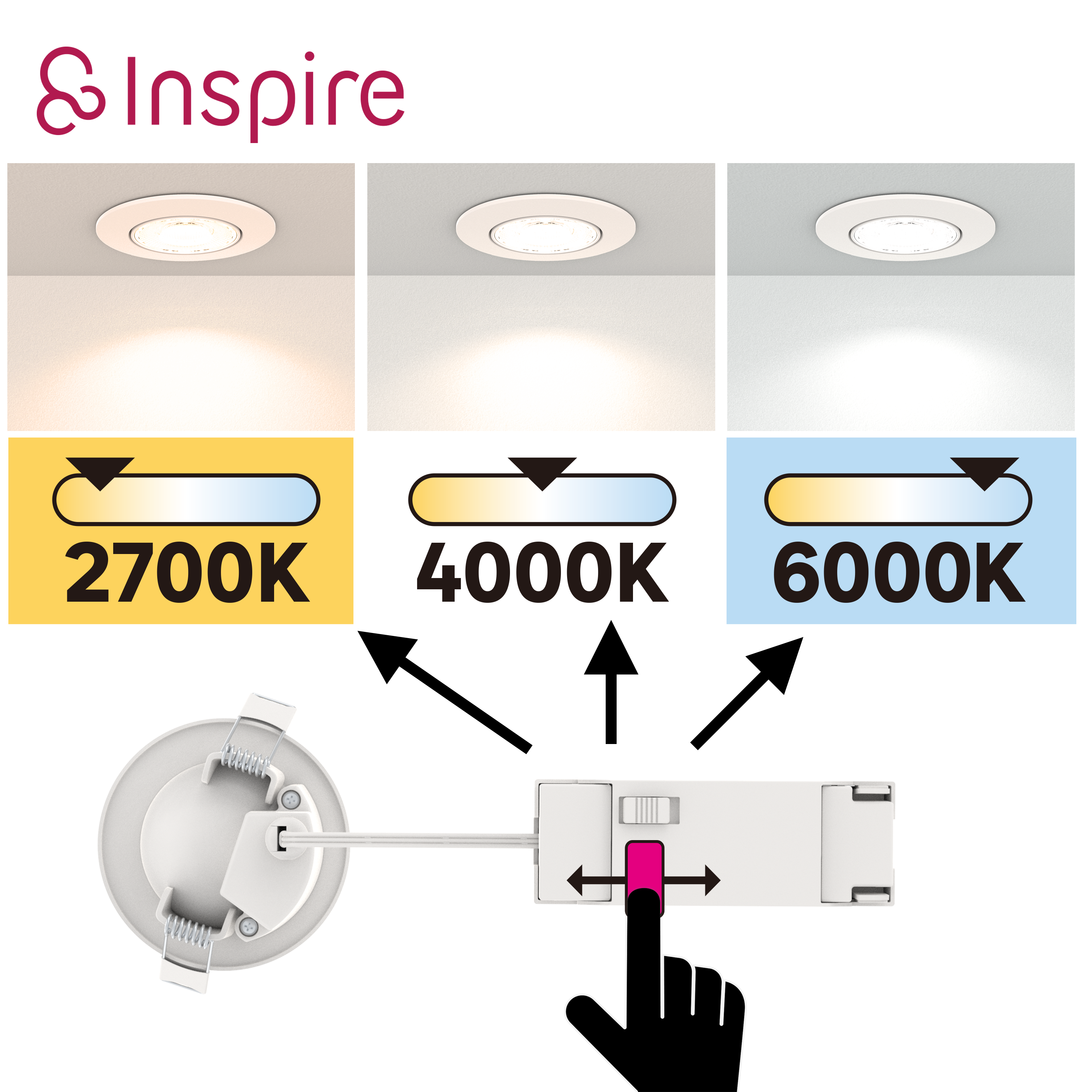 Downlight LED empotrable orientable INSPIRE Malto blanco redondo ø8.5 cm 380 lm 3.4 W 3 tonos de luz CCT (2700K-4000K-6000K) IP20 - Foco LED empotrado orientable para techos - 3