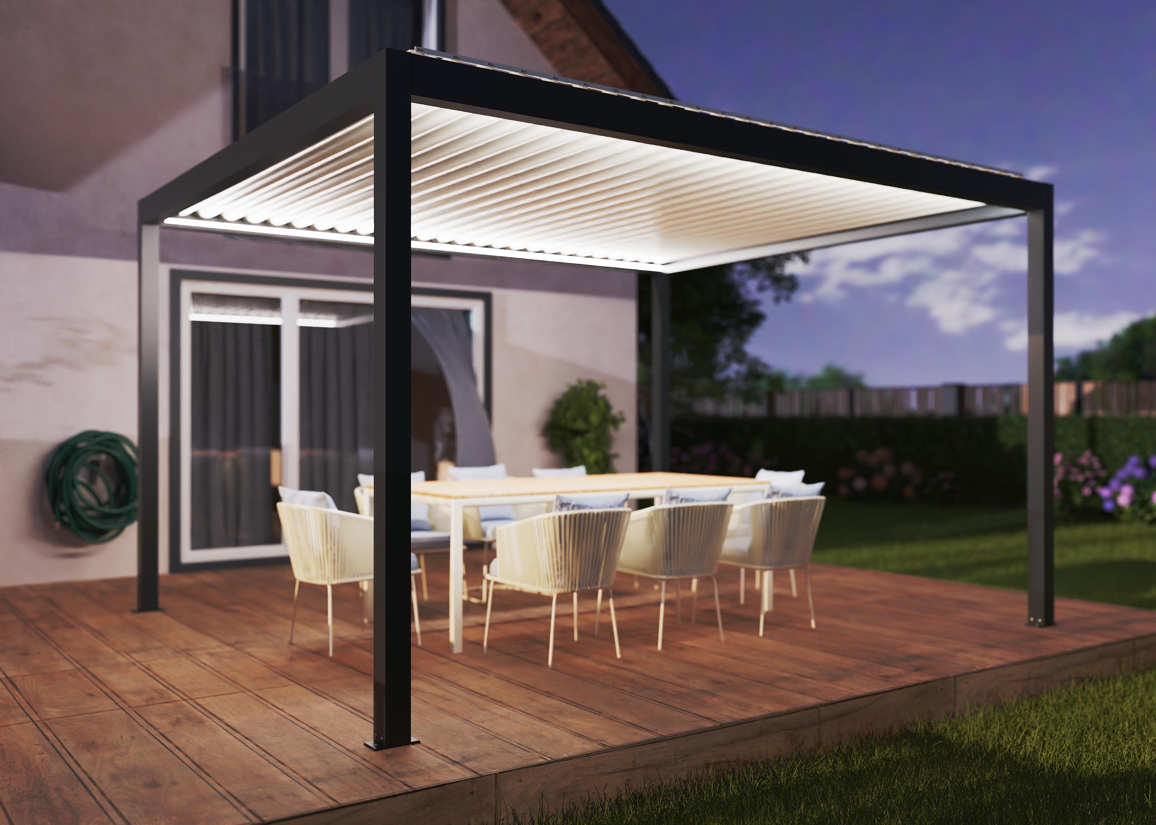 pergola bioclimatica de aluminio tieral caleta gris y lama blanca de 413 x 350 x 250 cm motorizada con led