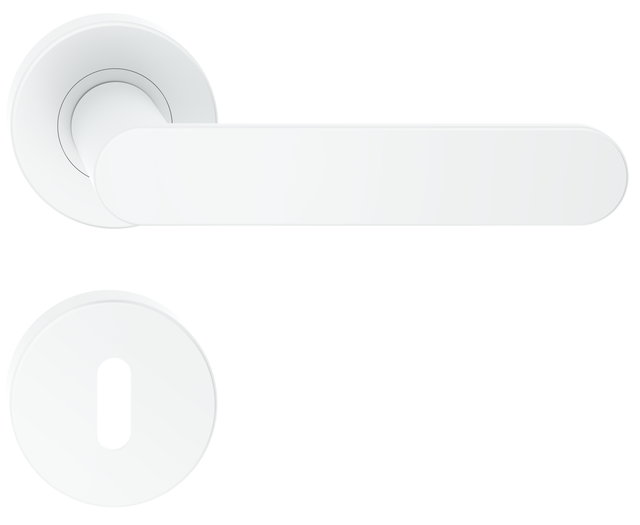 Klamka do drzwi wewnętrznych na rozecie Comfy z szyldem pod klucz biała METALBUD