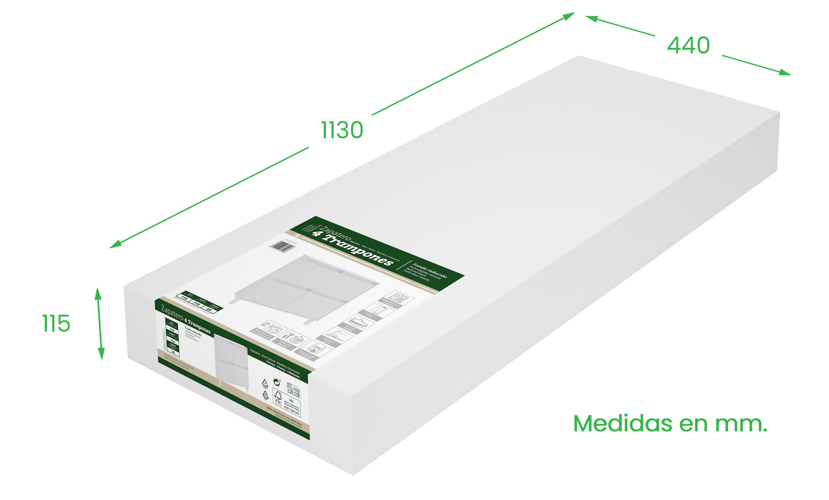 Zapatero Dublín con 4 compartimentos para 8 pares en melamina color blanco 110x110x20 cm - 9