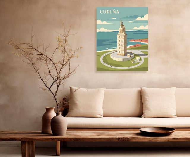 Pintura impresa sin marco Urban city de 40 x 50 cm. MDF Ciudad Retro Torre de Hércules multicolor