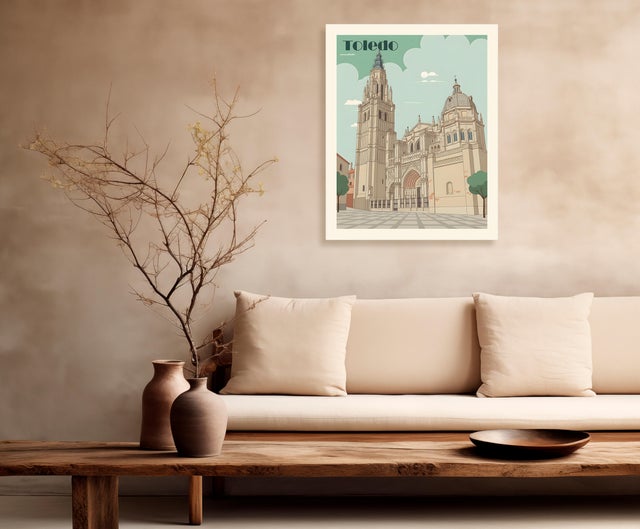 Pintura impresa sin marco Urban city de 40 x 50 cm. MDF Ciudad Retro Catedral de Toledo multicolor