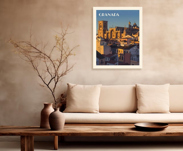 Pintura impresa sin marco Urban city de 40 x 50 cm. MDF Ciudad Retro catedral Granada multicolor