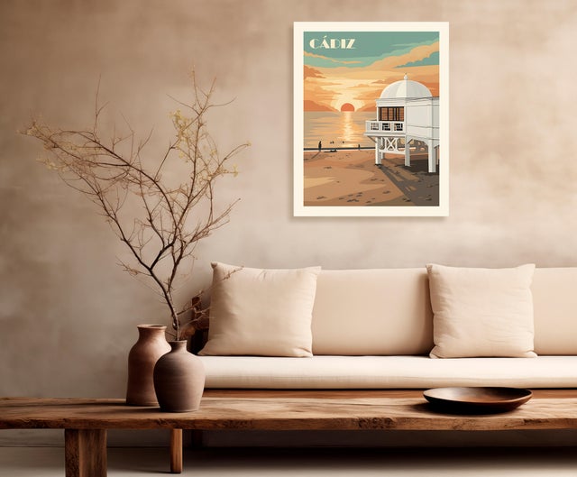 Pintura impresa sin marco Urban city de 40 x 50 cm. MDF Ciudad Retro La Caleta Cádiz multicolor
