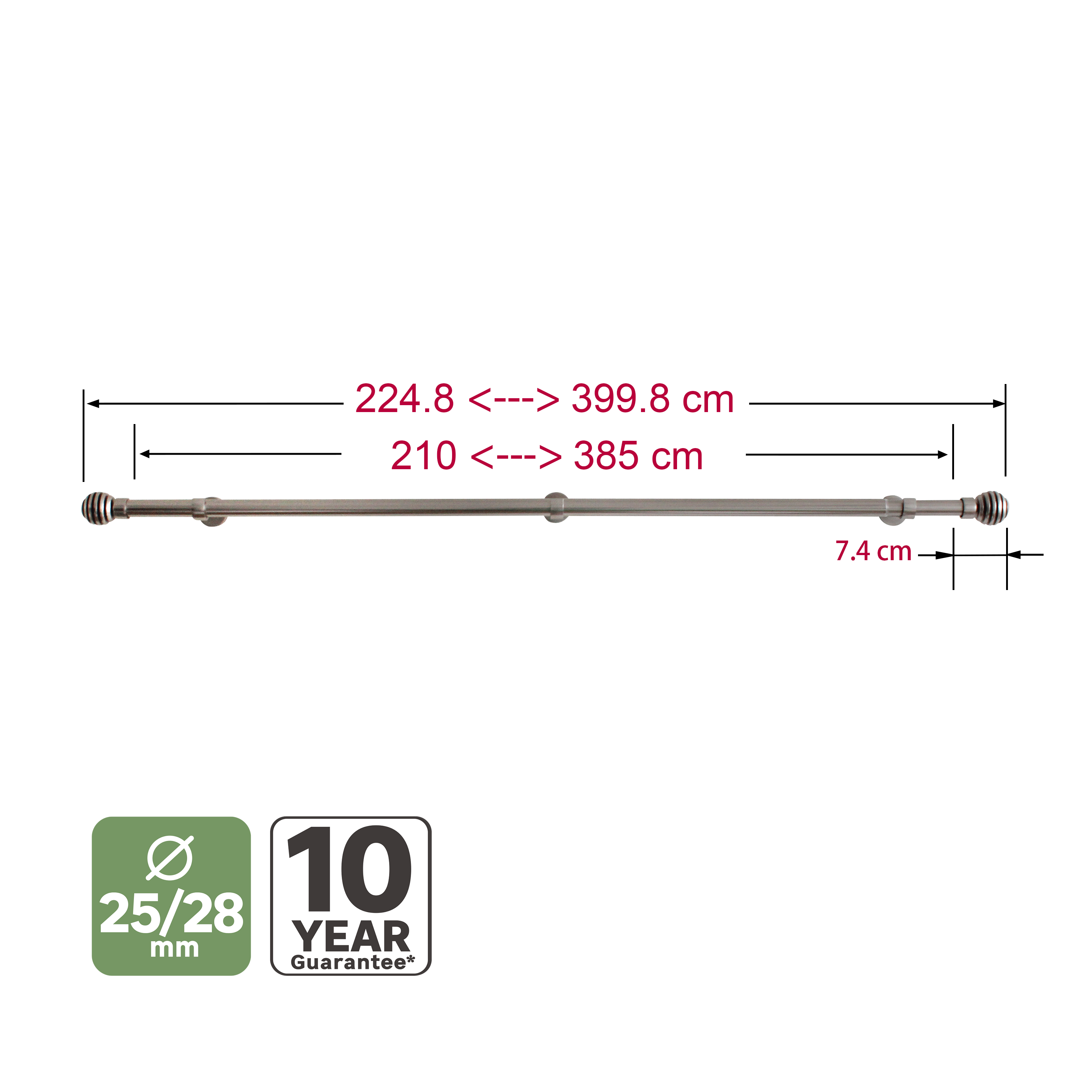 Kit 1 barra para cortina acero cromo mate a pared, ventana, entre 2 paredes Elip INSPIRE diámetro 28 mm extensible 160-385 cm - 2