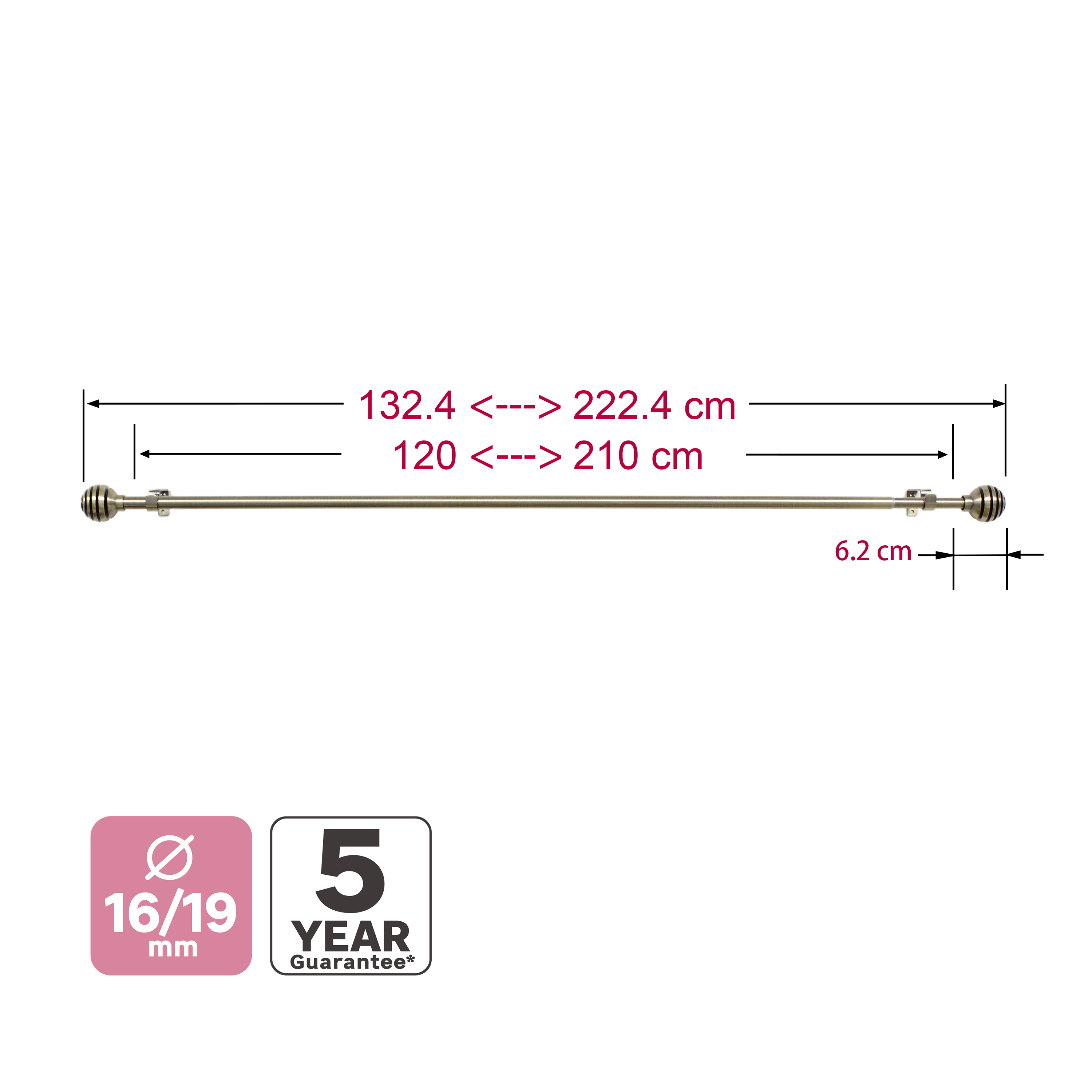 Kit de tringle à rideaux laiton brossé Elip, L.120 - 210.0 cm, diam.19.0 mm, INS - 4