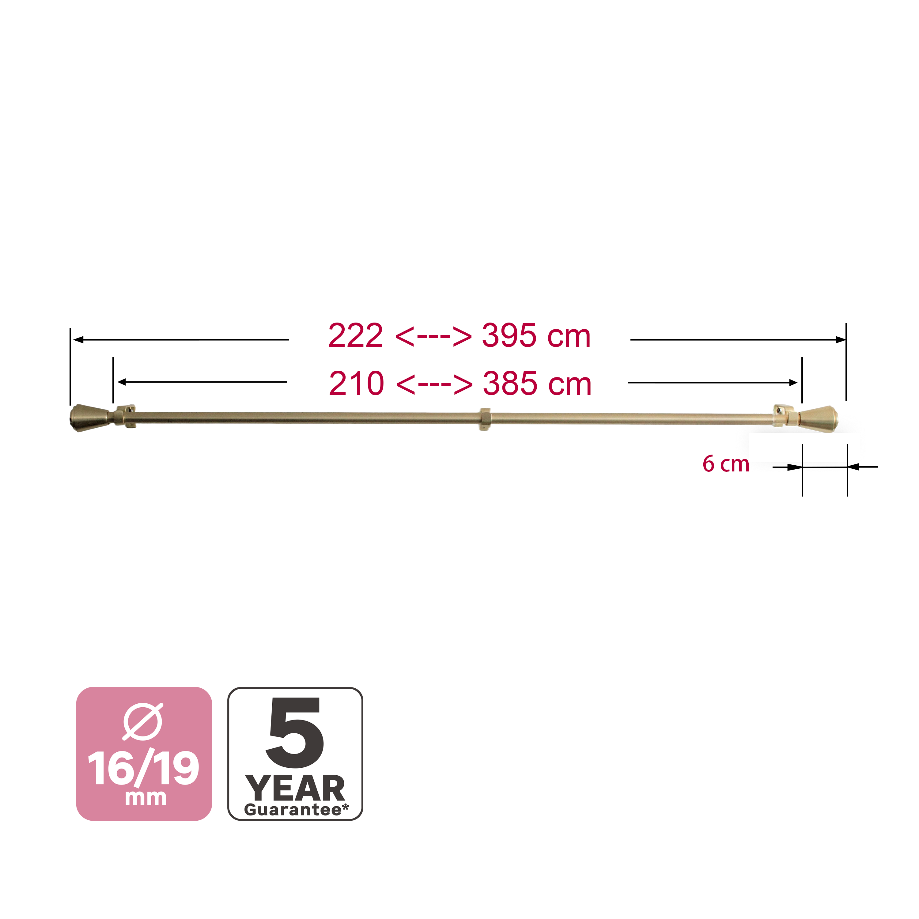 Kit de tringle à rideaux doré Orno, L.210 - 385 cm, diam.19 mm, INSPIRE - 4