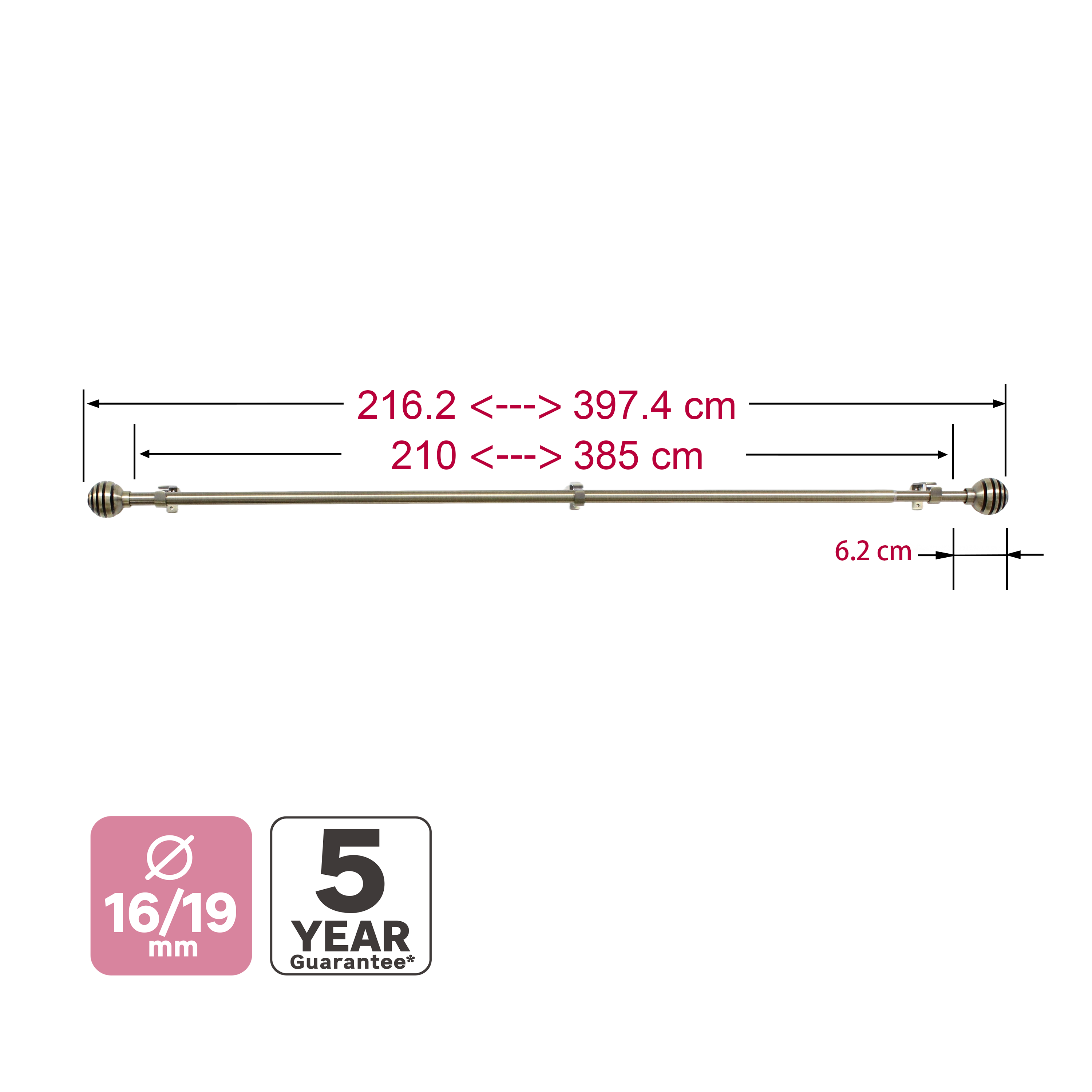 Kit de tringle à rideaux laiton brossé Elip, L.210 - 385.0 cm, diam.19.0 mm, INS - 4