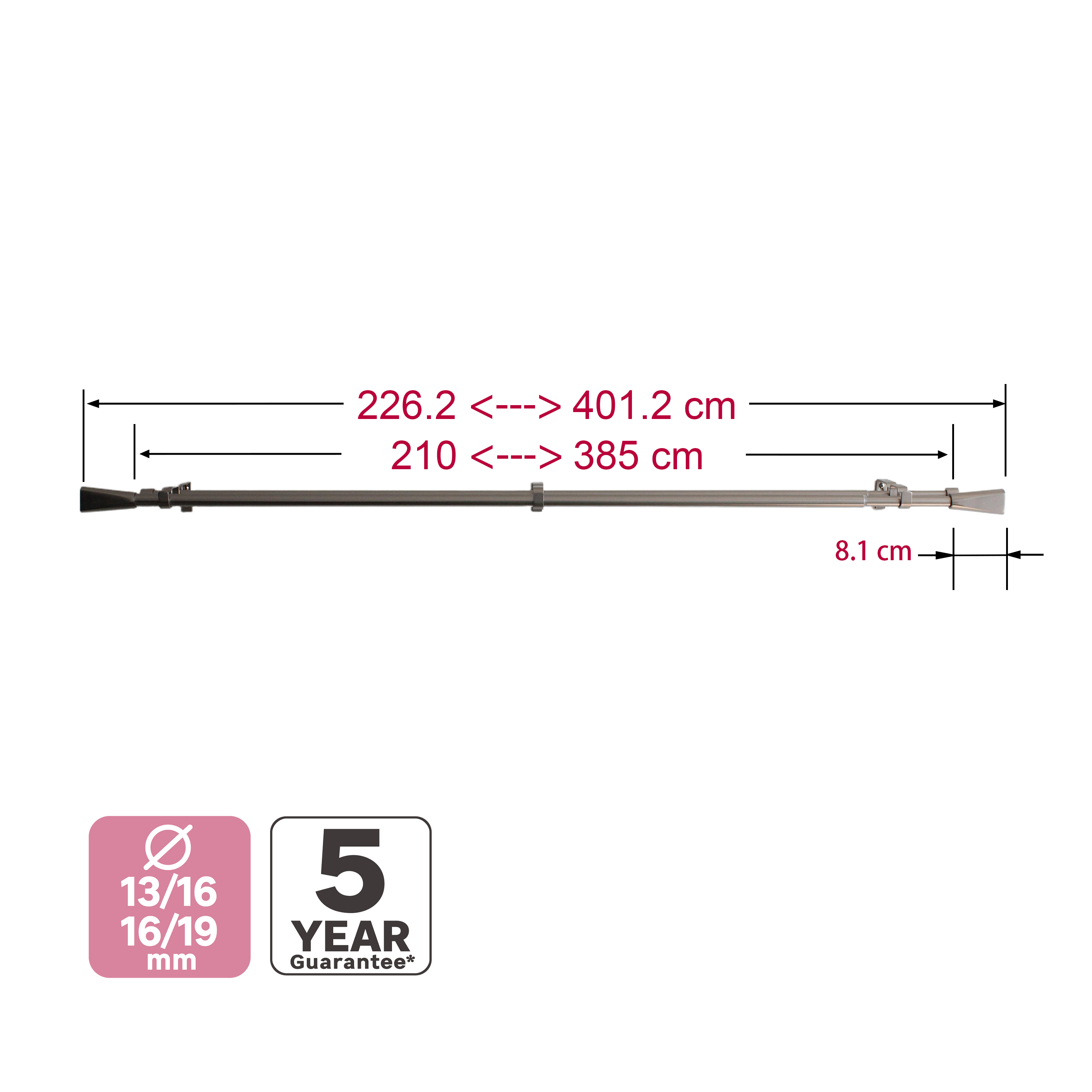 Kit 1 barra para cortina acero cromo mate a pared, ventana, entre 2 paredes Pommel INSPIRE diámetro 19 mm extensible 160-385 cm  - 2